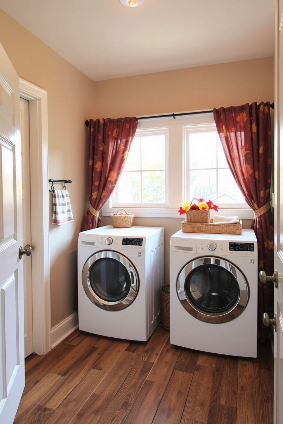 A cozy laundry room adorned with decorative towels featuring charming pumpkin patterns. The walls are painted in warm autumn hues, complemented by rustic shelving displaying seasonal decor and vibrant plants.