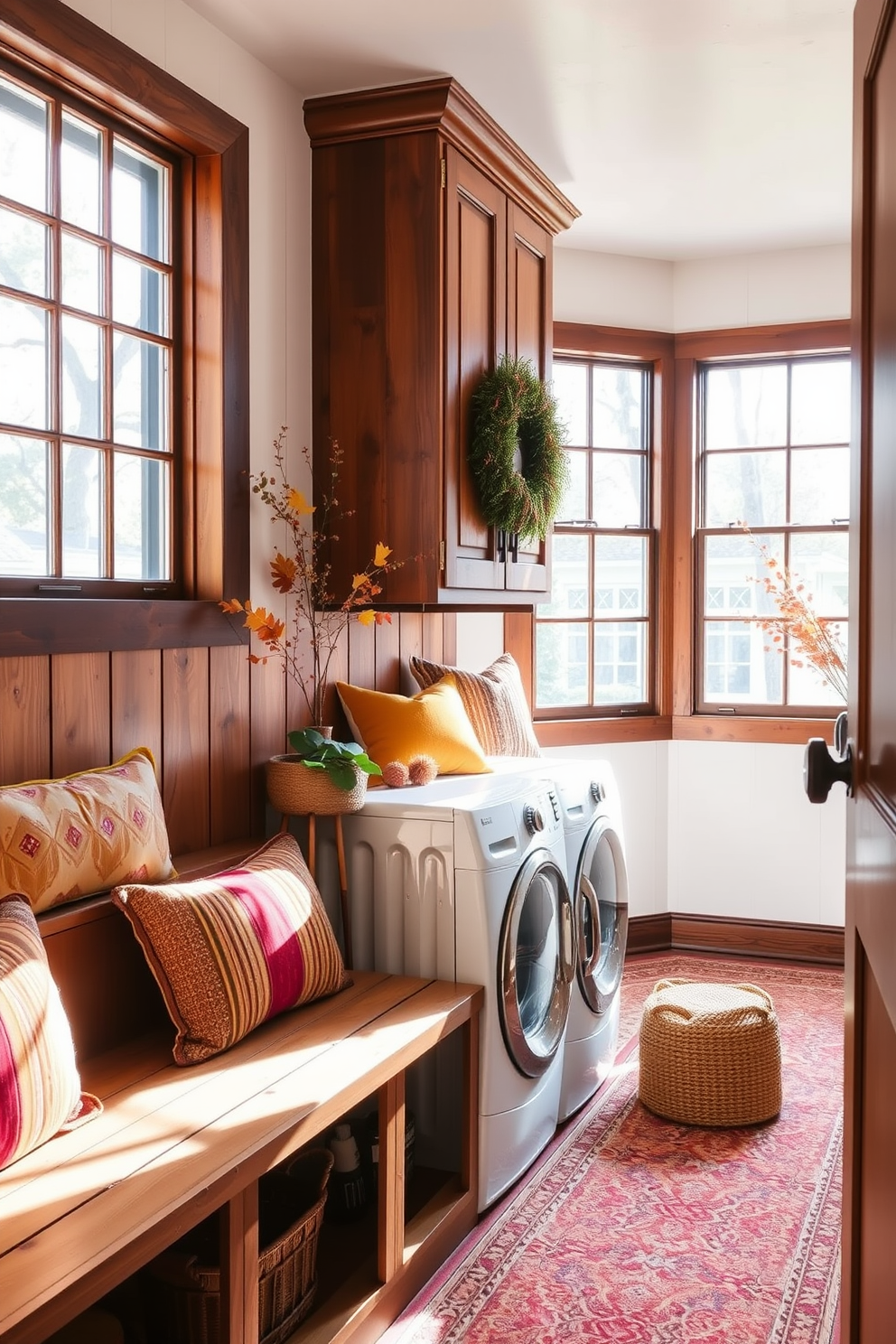 A rustic wooden ladder leans against the wall, adorned with various cozy blankets and decorative items. The laundry room features a warm color palette with soft lighting, creating an inviting atmosphere for everyday chores. Vintage baskets are placed on the floor, offering stylish storage for laundry essentials. A small potted plant sits on a shelf above the ladder, adding a touch of greenery to the space.