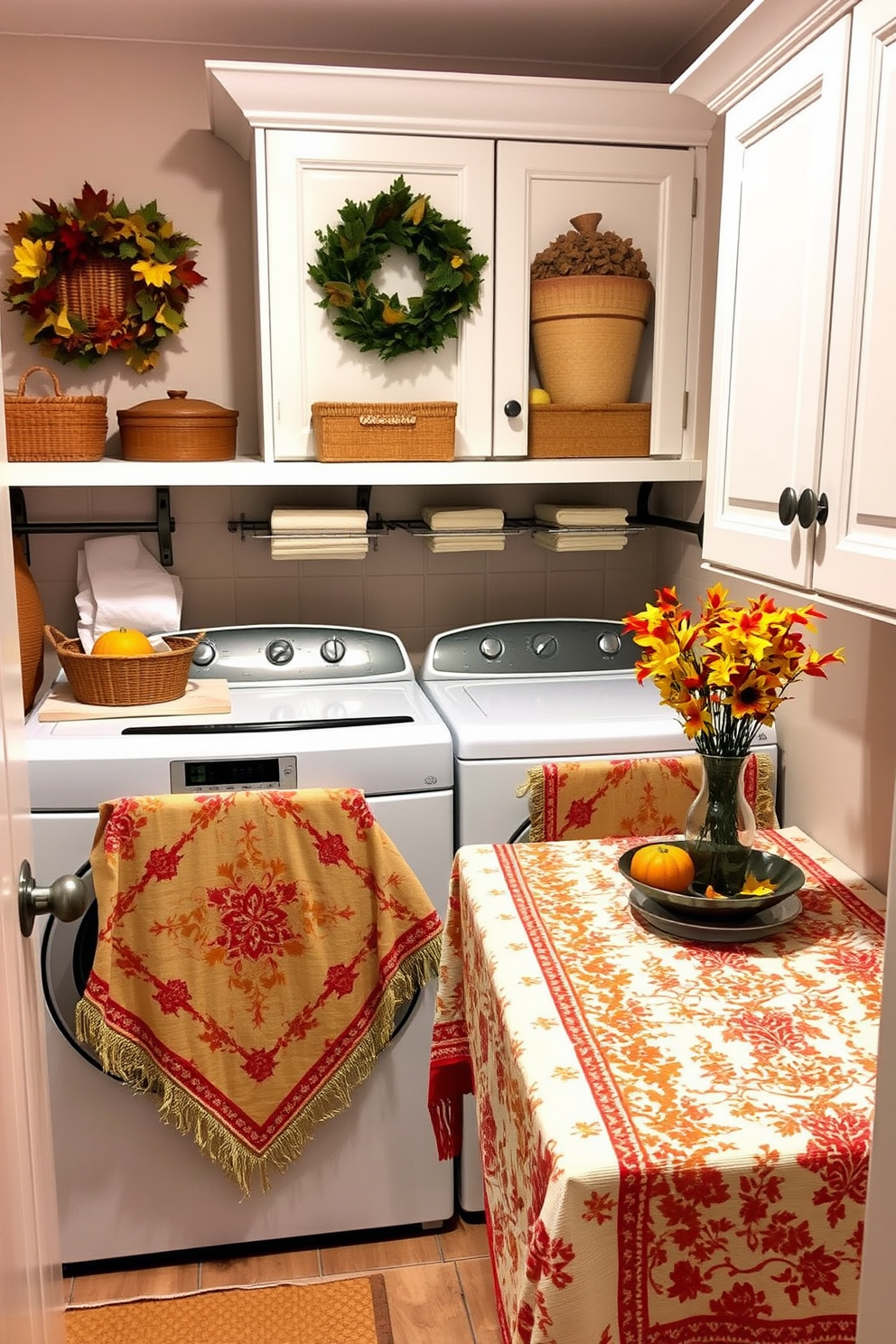 A cozy laundry room decorated for fall features seasonal tablecloths draped over folding areas. The tablecloths showcase warm autumn colors and patterns, enhancing the inviting atmosphere of the space.