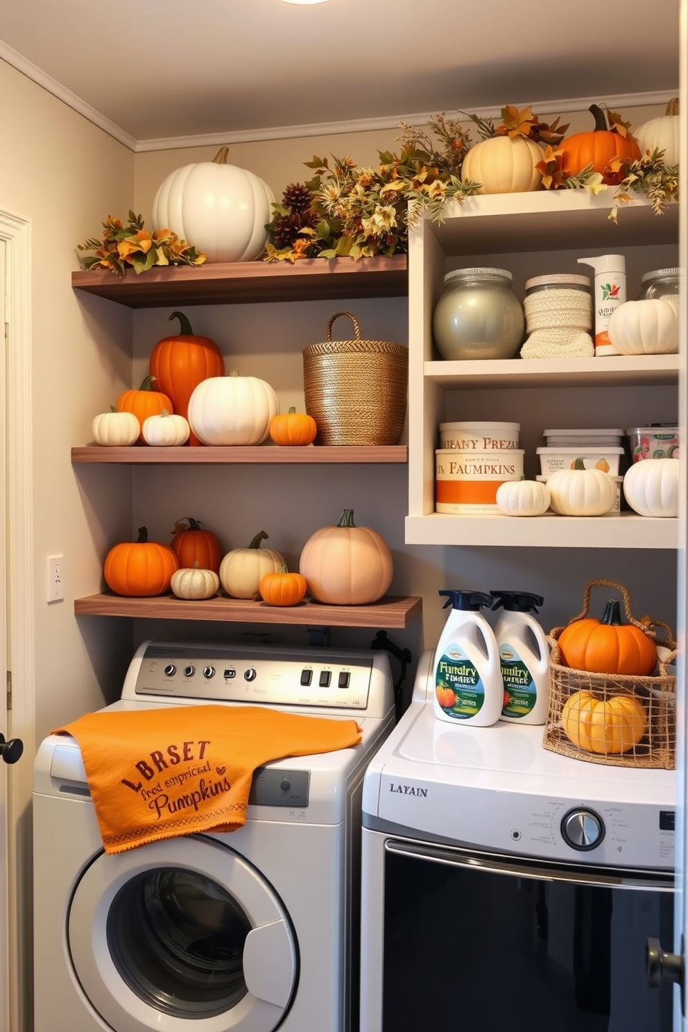 A cozy laundry room adorned with charming pumpkin decor on open shelving units. The shelves are filled with various sizes of decorative pumpkins alongside neatly organized laundry supplies, creating a warm autumn vibe.