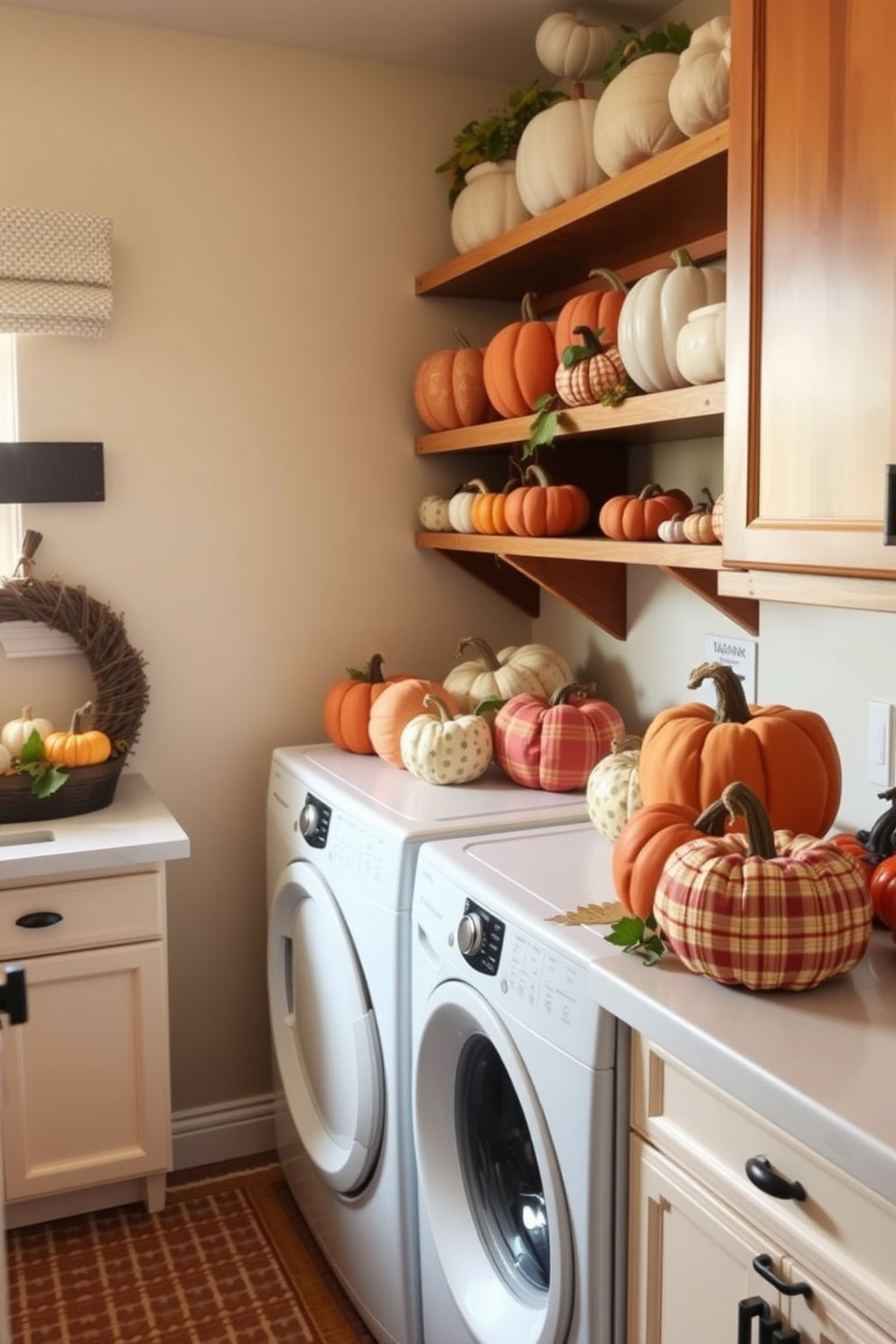 A cozy laundry room adorned with fabric pumpkins placed on the countertops and shelves. The pumpkins come in various autumn colors and patterns, adding a festive touch to the space while complementing the warm tones of the cabinetry.