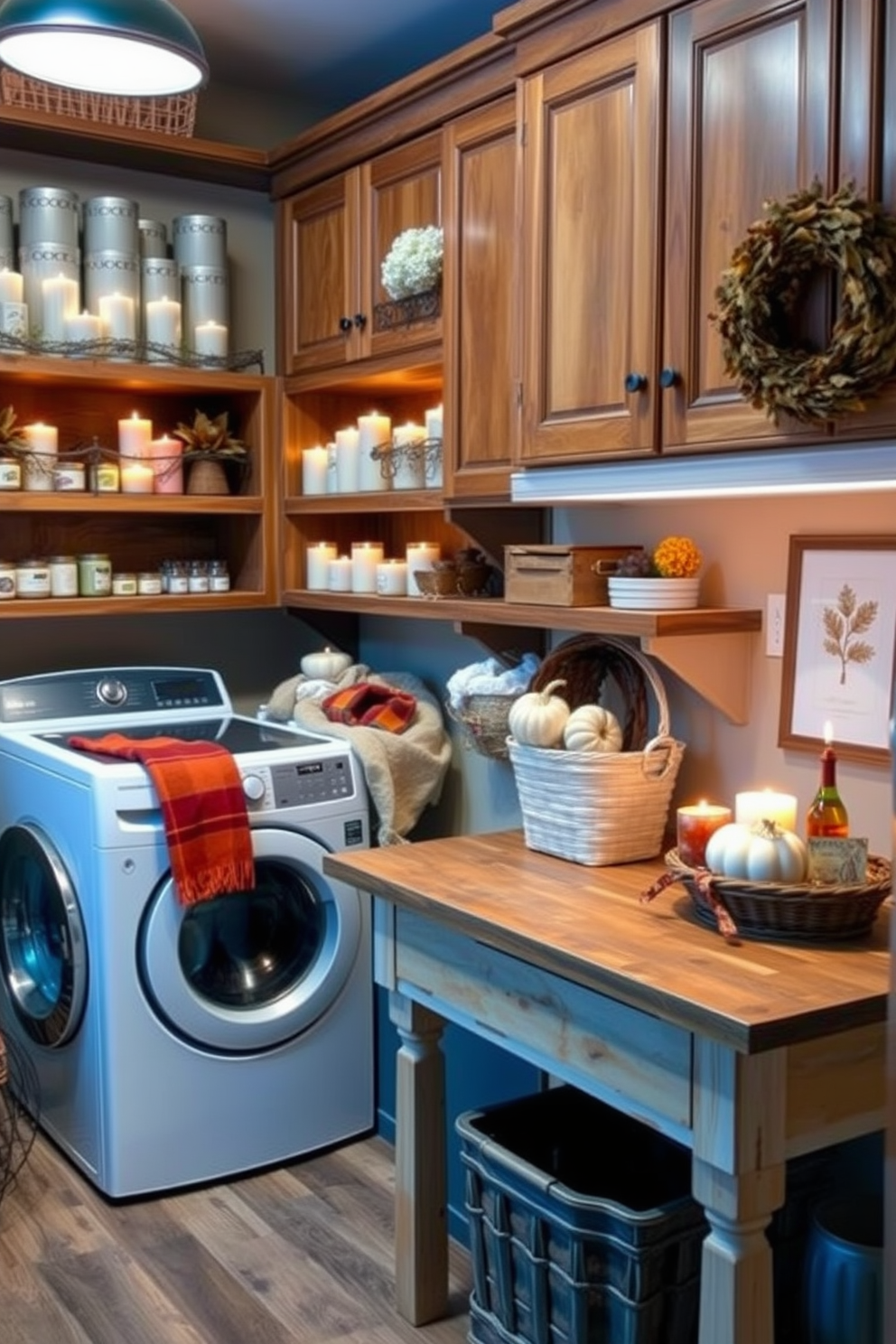 A cozy laundry room adorned with seasonal scented candles creates a warm and inviting atmosphere. The shelves are lined with beautifully arranged candles in autumn-inspired colors, surrounded by decorative baskets filled with cozy throws and seasonal decor. Soft lighting enhances the ambiance, highlighting the rich textures of the wooden cabinets and the inviting hues of the wall paint. A rustic wooden table serves as a functional workspace, complemented by a stylish laundry basket and seasonal accents that reflect the charm of fall.