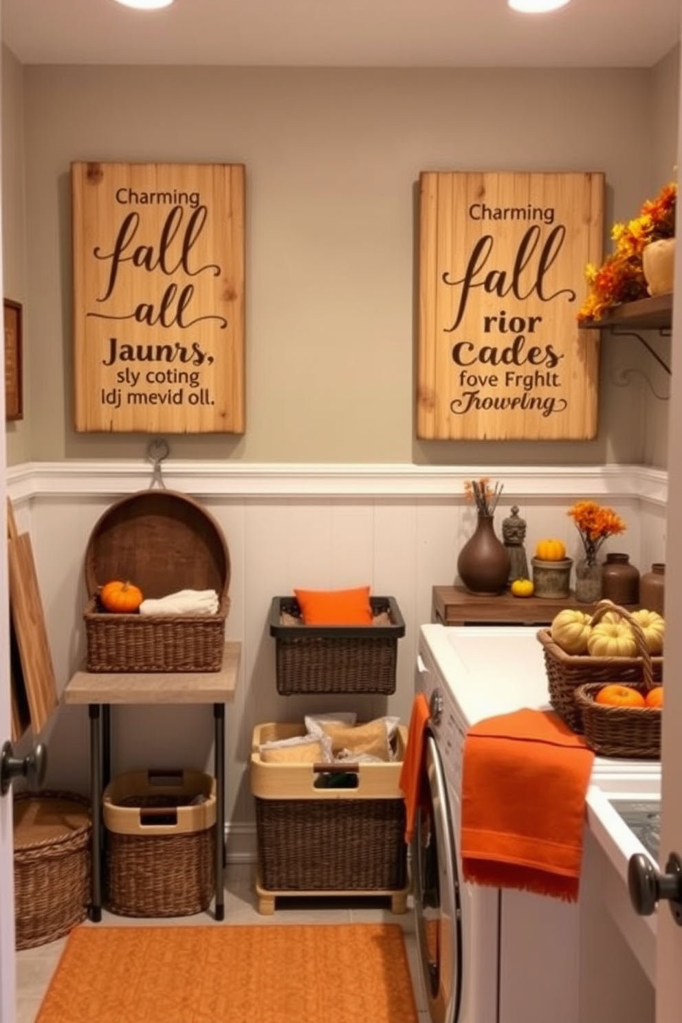 Rustic wooden signs adorned with charming fall quotes hang on the walls, creating a warm and inviting atmosphere. The signs feature natural wood finishes, with elegant lettering that captures the essence of the autumn season. The laundry room is decorated with a cozy fall theme, showcasing vibrant orange and yellow accents throughout the space. Vintage baskets and seasonal decor items are strategically placed to enhance the rustic charm while maintaining functionality.