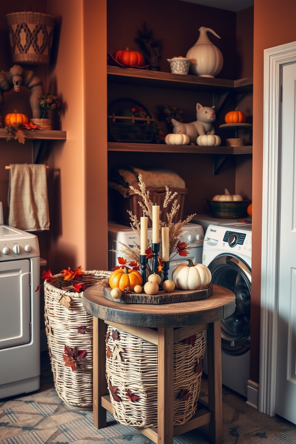 A cozy laundry room featuring harvest-themed laundry baskets made of woven natural fibers. The baskets are adorned with autumn leaves and pumpkins, adding a seasonal touch to the space. The walls are painted in warm earth tones, complemented by wooden shelves displaying fall decorations. A rustic wooden table is placed in the center, topped with a small arrangement of dried flowers and scented candles.