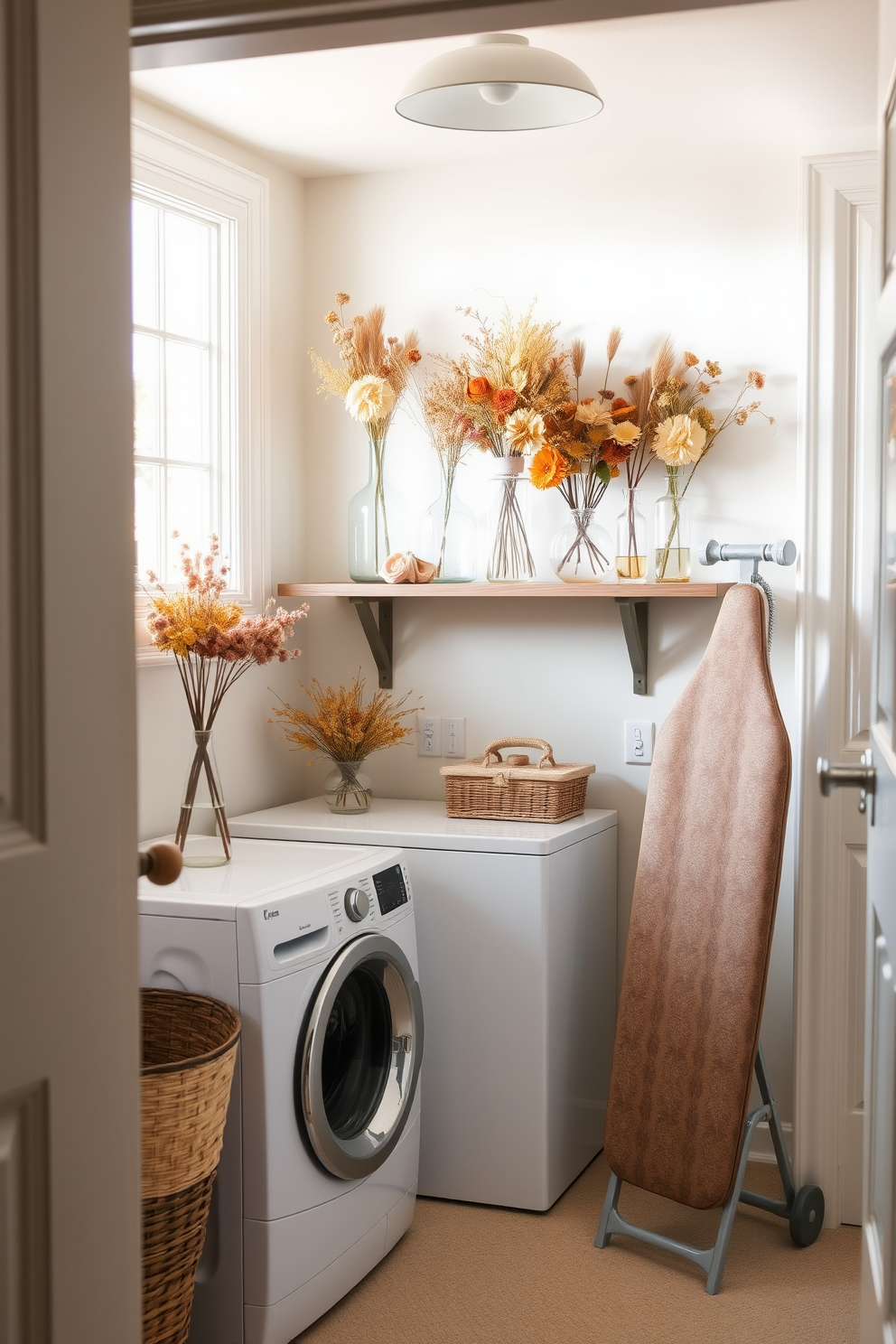 A cozy laundry room featuring dried flower arrangements in elegant vases. The space is bright and airy with soft pastel walls and ample natural light streaming through a window. A rustic wooden shelf displays various sizes of vases filled with dried flowers in warm autumn hues. A stylish laundry basket sits in the corner, and a vintage ironing board leans against the wall, adding charm to the decor.