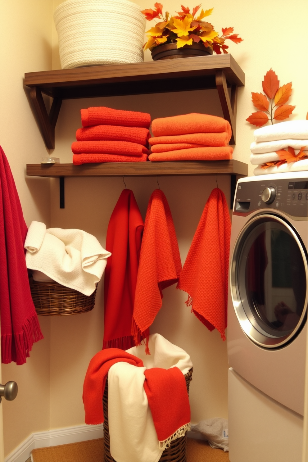 A cozy laundry room adorned with fall colored towels and linens. The space features warm hues of orange, red, and yellow, creating an inviting atmosphere. A rustic wooden shelf displays neatly folded towels while a wicker basket holds fresh linens. The walls are painted in a soft cream, complementing the vibrant colors of the textiles.