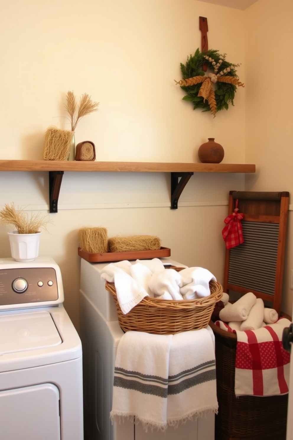 A cozy laundry room with a farmhouse aesthetic. Miniature hay bales are creatively arranged as decor accents on a rustic wooden shelf. The walls are painted in a warm cream color, complementing the natural wood tones. A vintage washboard and a basket of freshly laundered towels add to the charming fall theme.