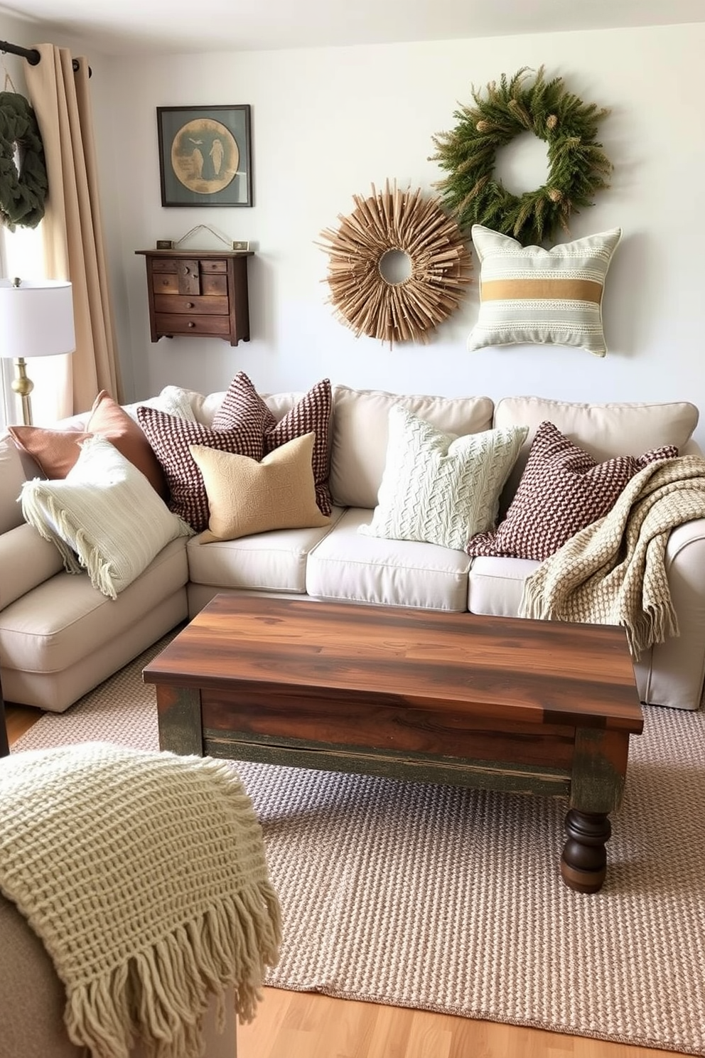 A cozy fall living room featuring a warm earth tone color palette. The walls are painted in a soft terracotta shade, complemented by a rich chocolate brown sofa adorned with mustard yellow and burnt orange throw pillows. A rustic wooden coffee table sits in the center, surrounded by woven texture poufs. Large windows draped with sheer cream curtains allow natural light to fill the space, highlighting a collection of autumn-themed decor pieces.