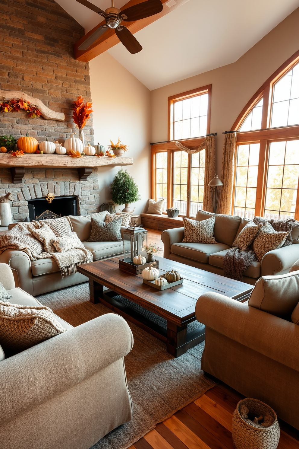 A cozy fall living room adorned with natural wood accents. The space features a large wooden coffee table surrounded by plush, earth-toned sofas and a soft area rug. Warm golden light filters through large windows, highlighting the rich textures of woven blankets and seasonal decor. A rustic wooden mantel displays an array of pumpkins and autumn leaves, creating an inviting atmosphere.