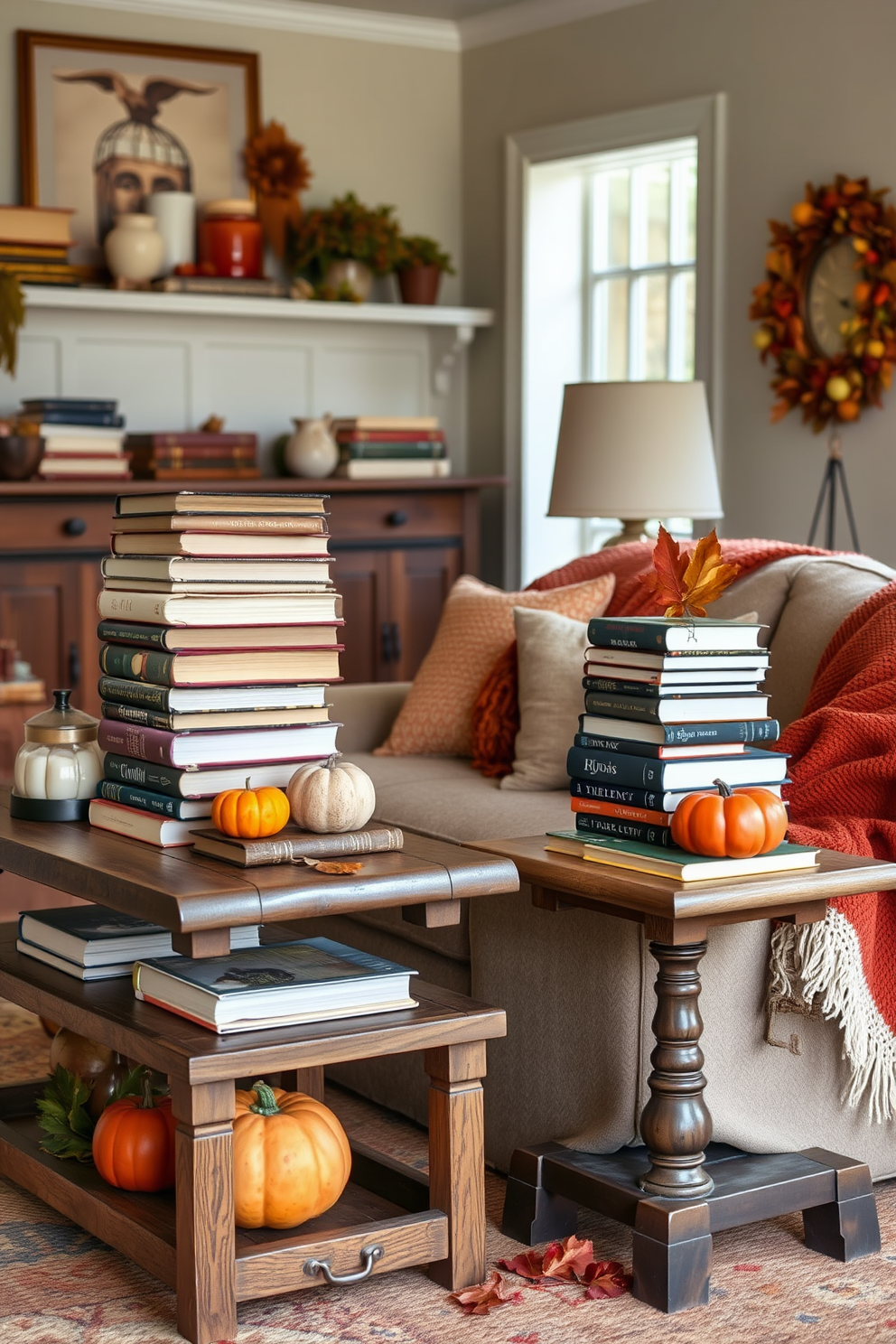 A cozy fall living room with vintage books stacked on rustic wooden tables. The space features warm-toned throw blankets draped over a plush sofa, complemented by seasonal decor like pumpkins and autumn leaves.