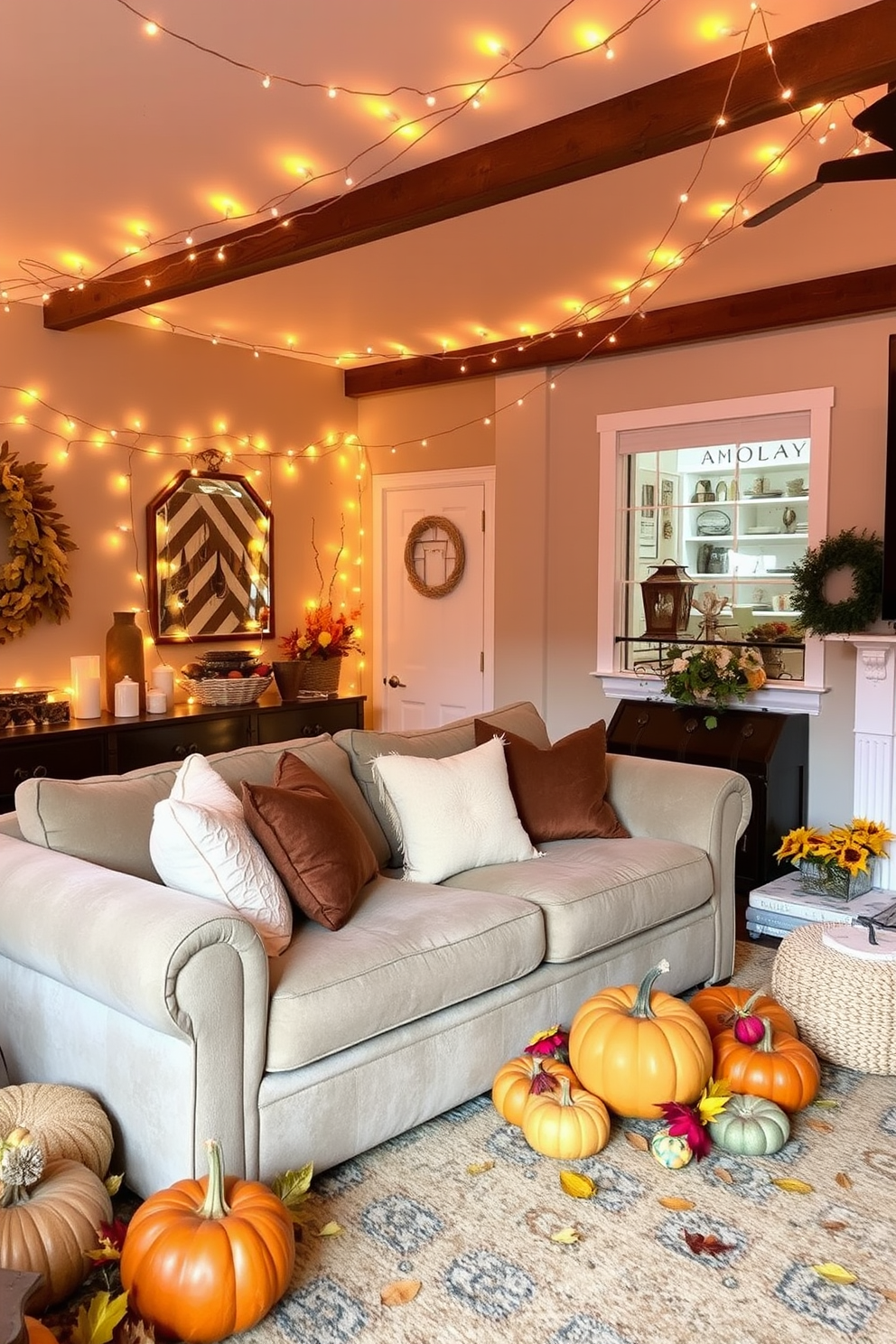 A cozy fall living room adorned with string lights casting a warm glow throughout the space. Plush, oversized cushions in rich autumn colors are scattered on a soft area rug, complementing the rustic wooden furniture.