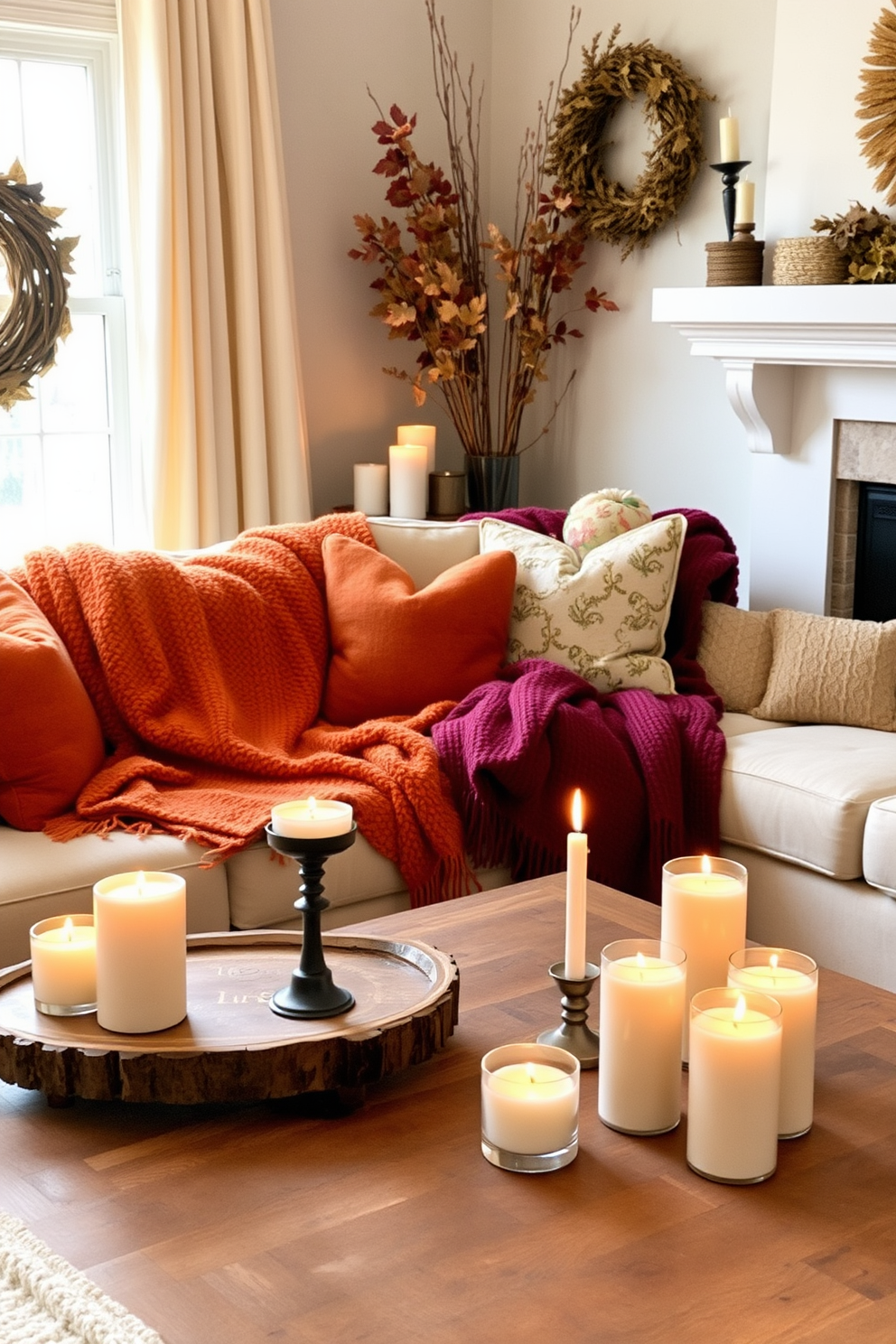 A cozy fall living room adorned with seasonal scented candles creating a warm ambiance. Plush throw blankets in deep orange and burgundy drape over a soft beige sofa, while a rustic wooden coffee table holds an arrangement of candles in varying heights.