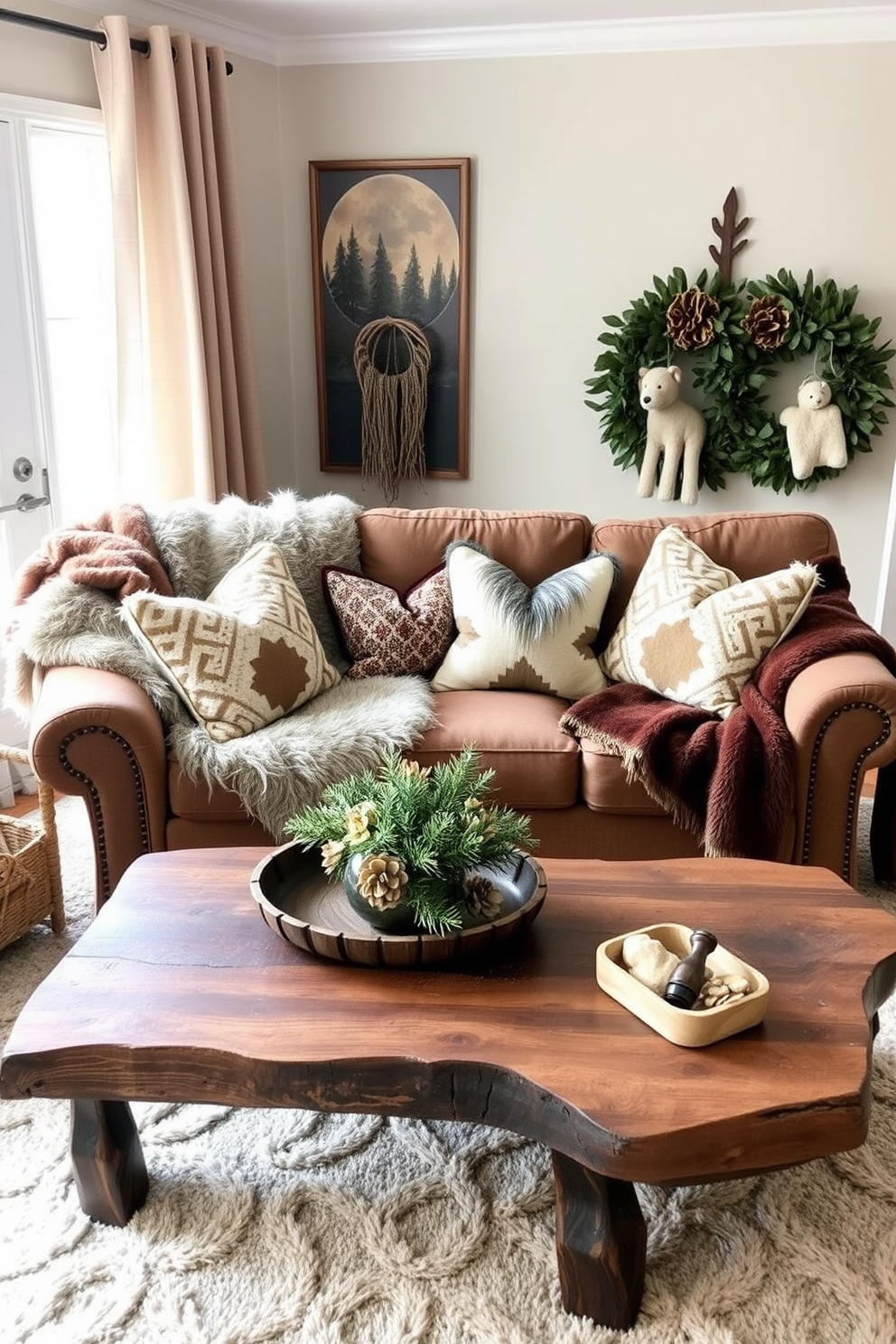 A cozy living room adorned with faux fur throws draped over a plush sofa. The space features warm earth tones, with accent pillows and a rustic coffee table that complements the seasonal decor.