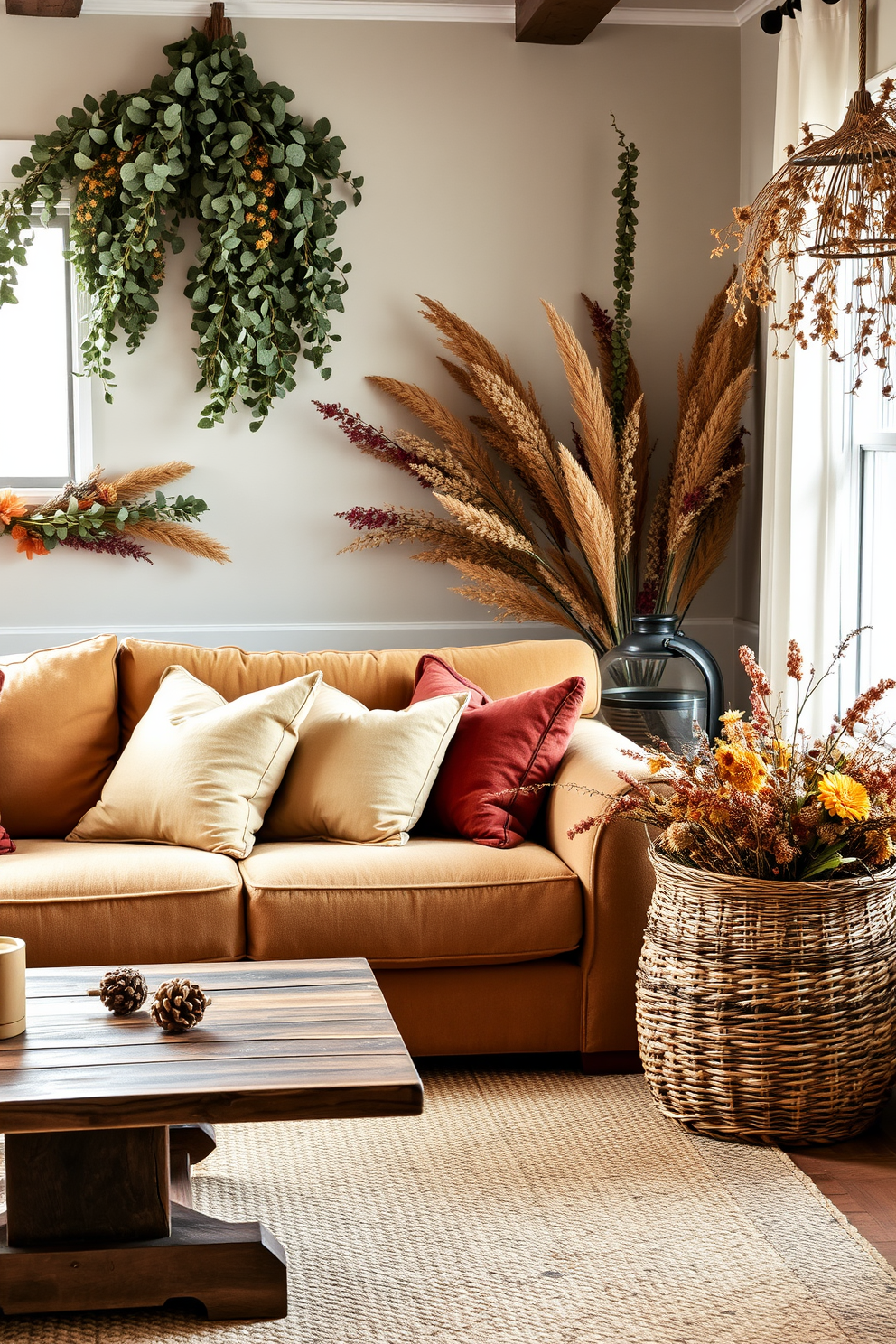 A cozy fall living room adorned with faux fur accents. A plush faux fur throw drapes over a deep-seated leather sofa, while a soft faux fur rug lies beneath a rustic wooden coffee table.