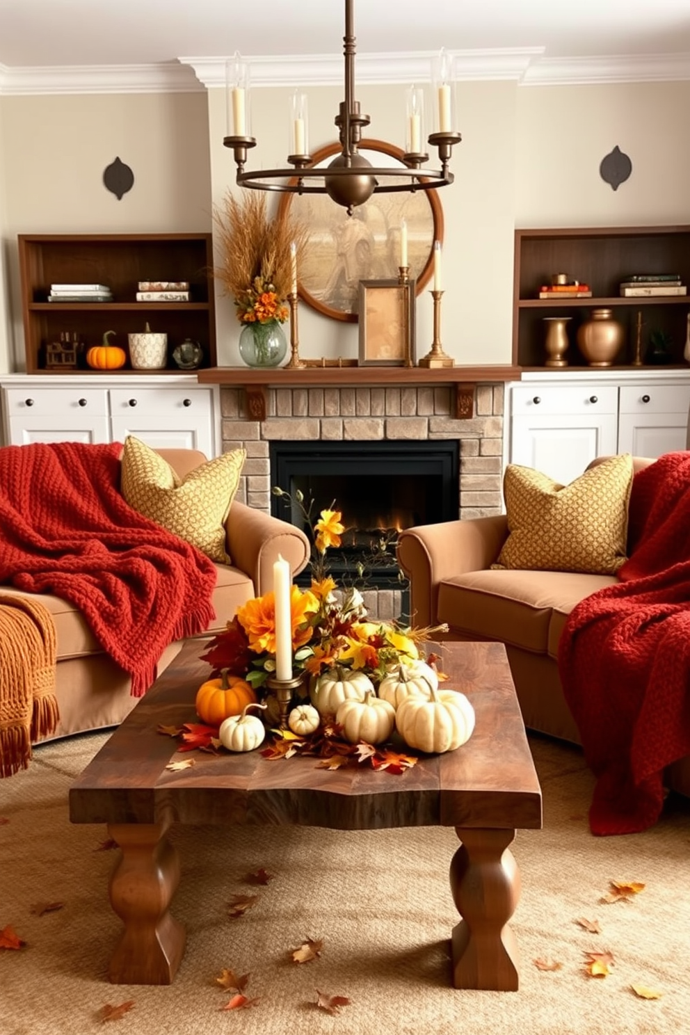 A cozy fall living room featuring warm tones and inviting textures. The space is adorned with copper and brass decorative accents, including a stylish coffee table centerpiece and elegant candle holders. Plush, oversized sofas are draped with soft, knitted throws in rich autumn colors. A rustic wooden coffee table sits in front, surrounded by seasonal decor like pumpkins and vibrant foliage.