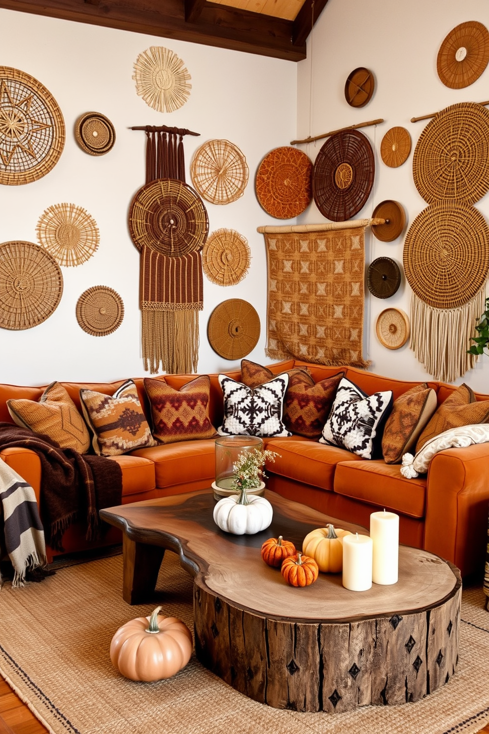 A cozy fall living room features woven wall hangings that add texture and warmth to the space. The walls are adorned with various natural fiber pieces, creating a layered and inviting atmosphere. The seating area includes a plush sofa dressed in warm earth tones, complemented by an array of patterned throw pillows. A rustic coffee table sits at the center, surrounded by soft blankets and seasonal decor like pumpkins and candles.