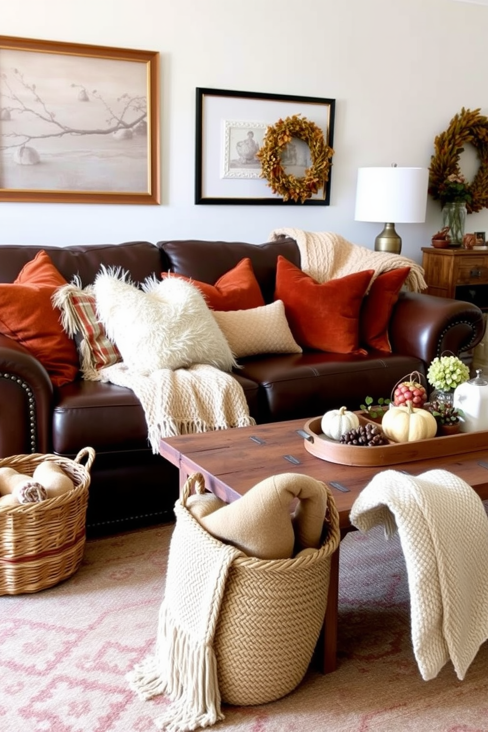 A cozy fall living room adorned with hanging wreaths made of rich foliage. The warm tones of orange and yellow leaves create a welcoming atmosphere, complemented by plush seating and soft throws.