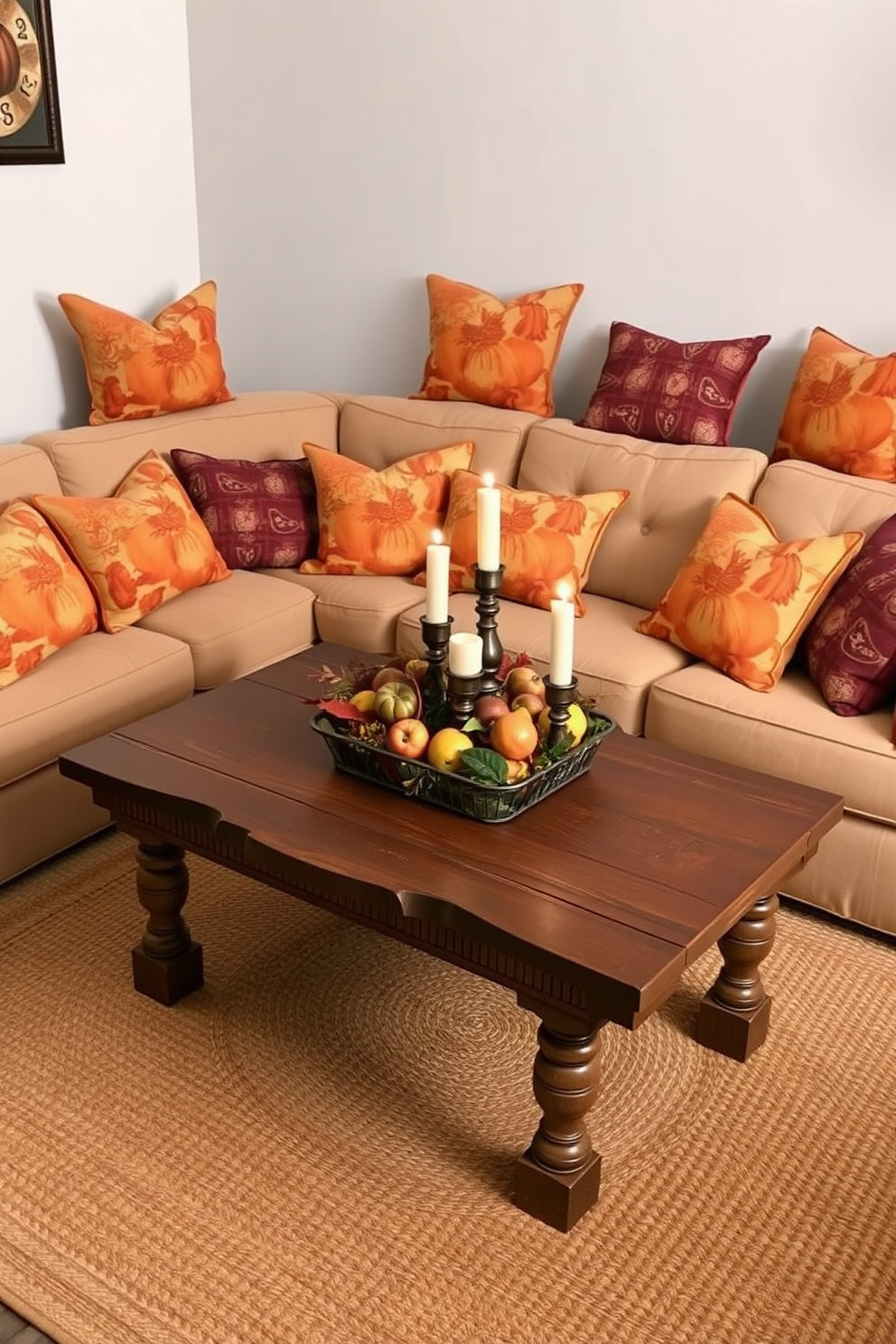 A cozy living room adorned with harvest-themed decorative pillows in warm tones of orange, gold, and deep red. The pillows feature intricate patterns of pumpkins and autumn leaves, arranged on a plush beige sofa that invites relaxation. Surrounding the seating area, a rustic wooden coffee table displays a centerpiece of seasonal fruits and candles. The space is illuminated by soft, ambient lighting that highlights the rich textures of a woven area rug beneath.