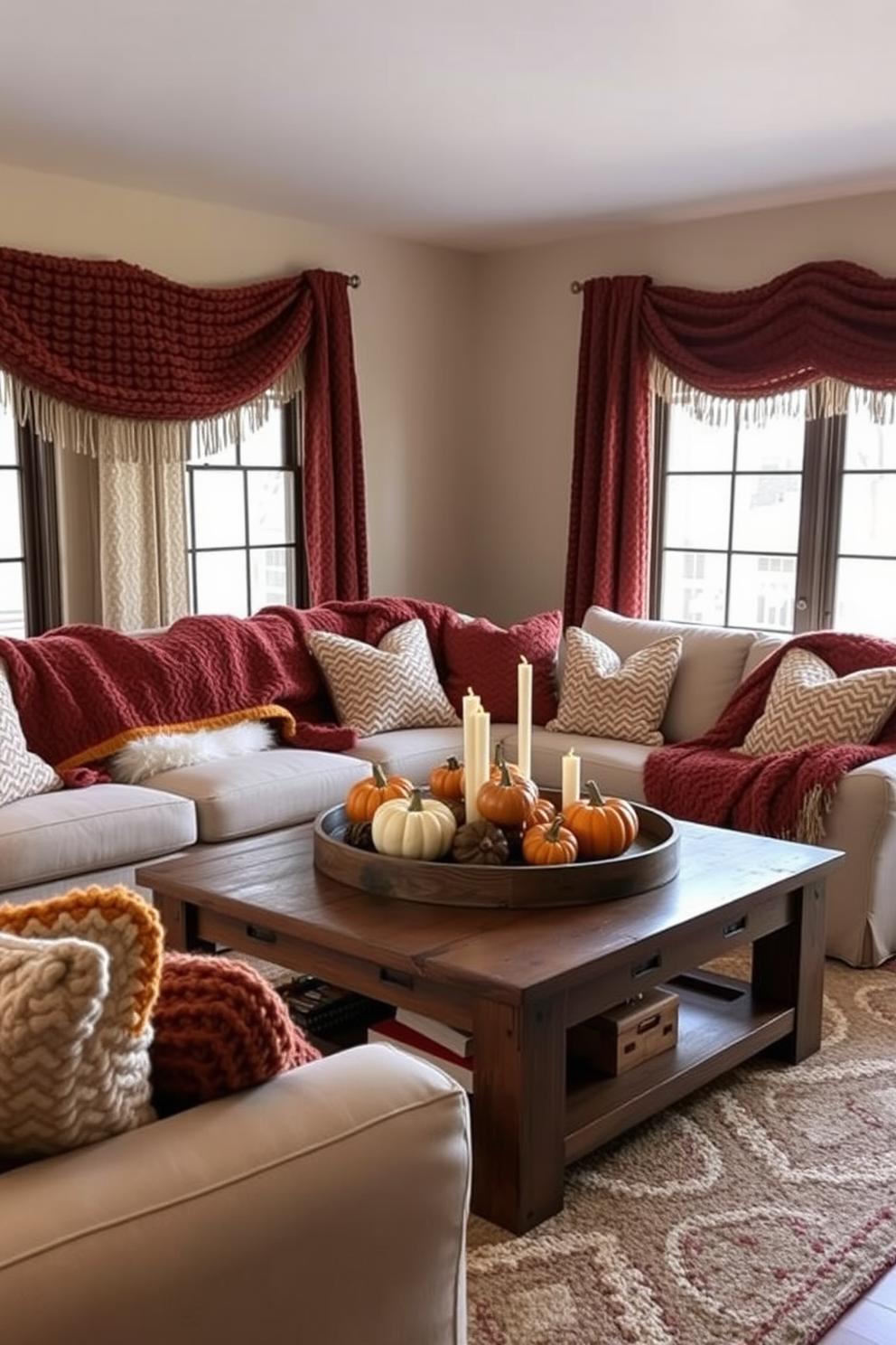 A warm and inviting living room adorned with layered cozy knit blankets in rich autumn colors. Plush pillows are scattered across a comfortable sofa, while a rustic wooden coffee table sits in the center, topped with a seasonal centerpiece of pumpkins and candles.