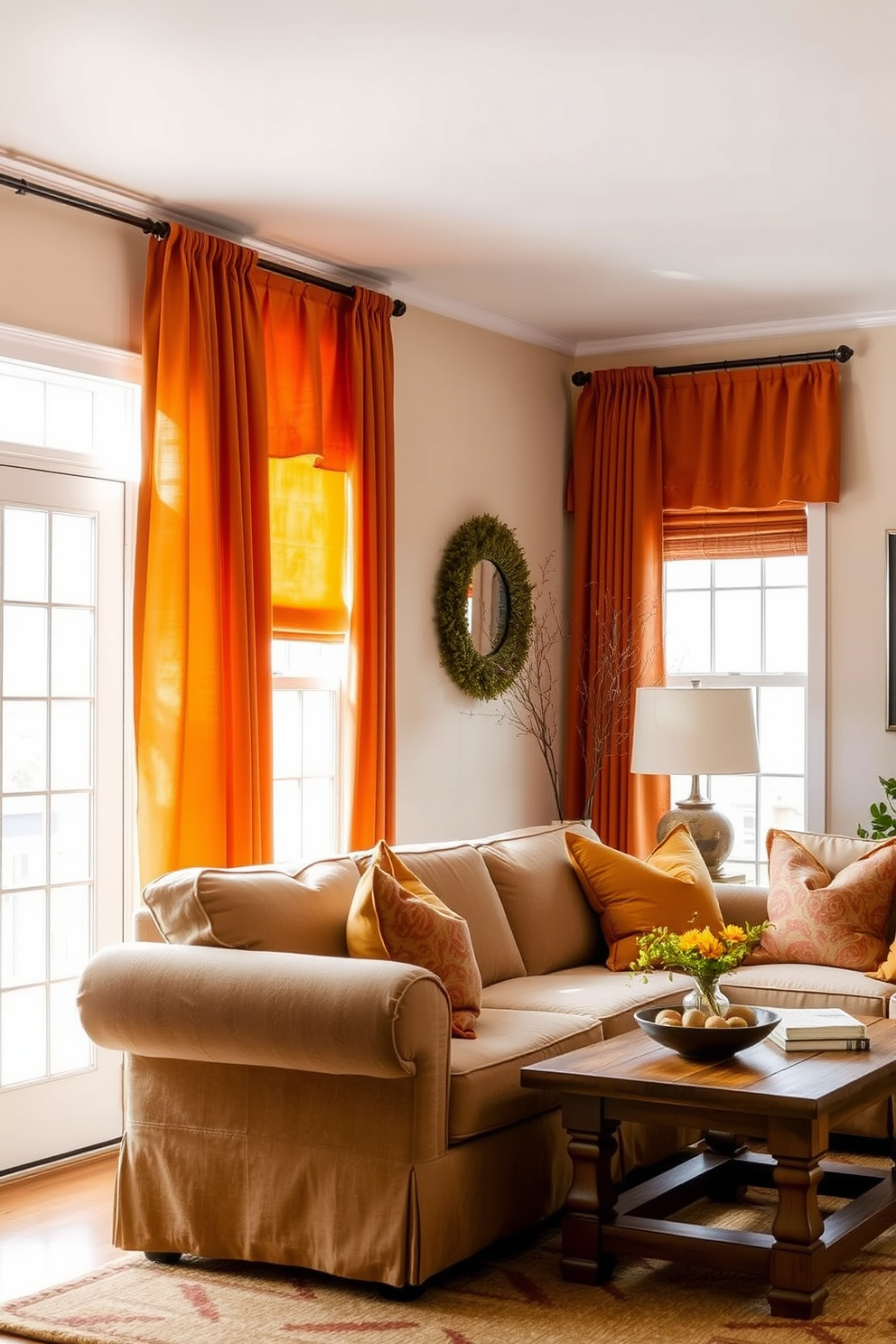 A cozy fall living room adorned with warm colored curtains that gently frame the windows. The curtains are in rich shades of amber and rust, complementing a plush sofa and a rustic wooden coffee table.