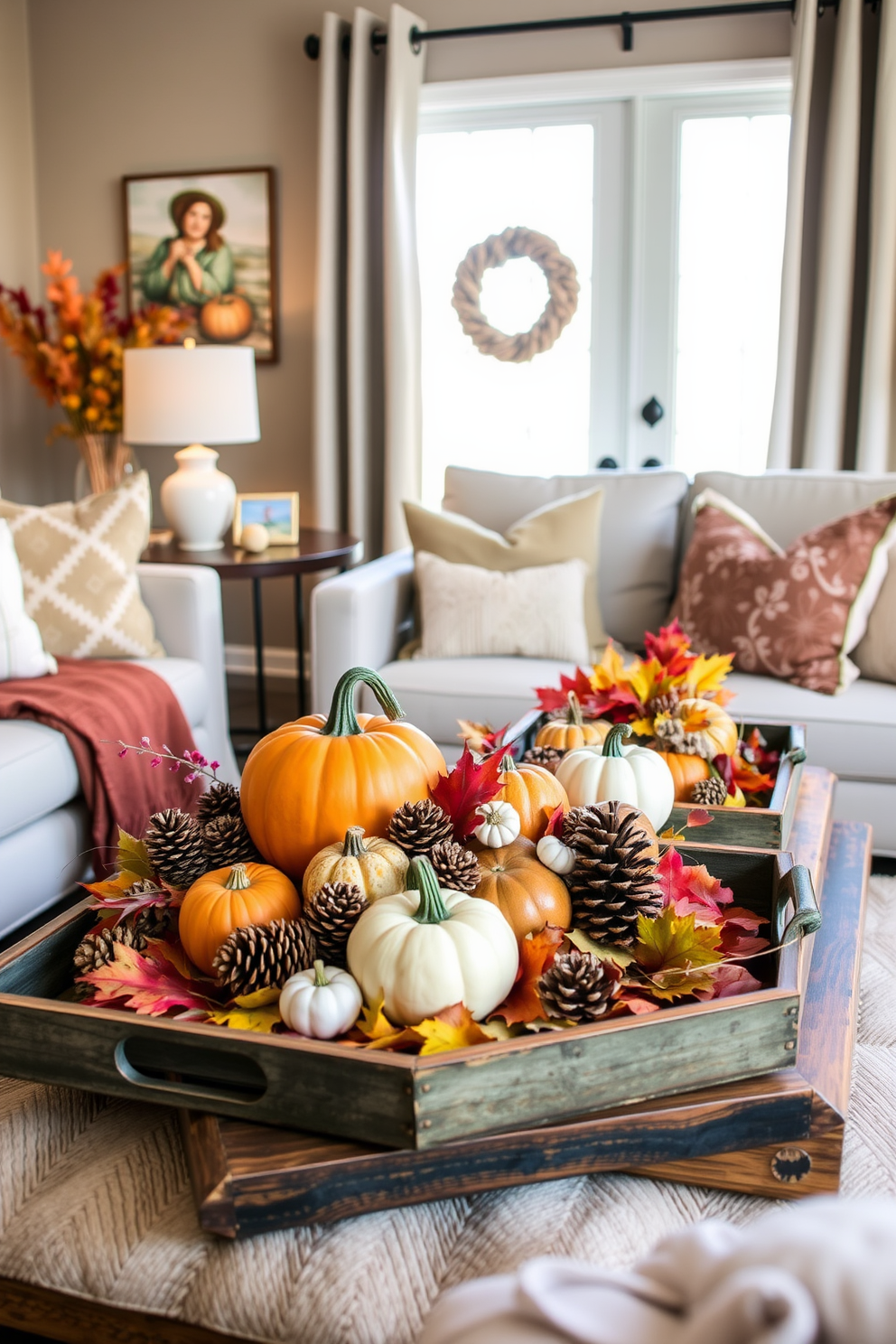 A cozy fall living room adorned with decorative trays displaying seasonal items. The trays feature an assortment of pumpkins, pinecones, and colorful leaves, arranged on a rustic coffee table surrounded by plush seating.