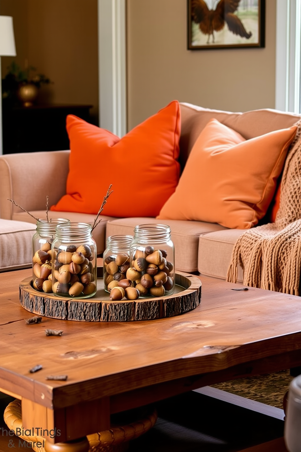 A cozy fall living room setting features a warm color palette with rich oranges and deep browns. Glass jars filled with acorns are artfully arranged on a rustic wooden coffee table, adding a touch of nature to the decor. Plush throw pillows in autumn hues are scattered across a soft, oversized sofa. A knitted blanket drapes over the armrest, inviting guests to relax and enjoy the seasonal ambiance.