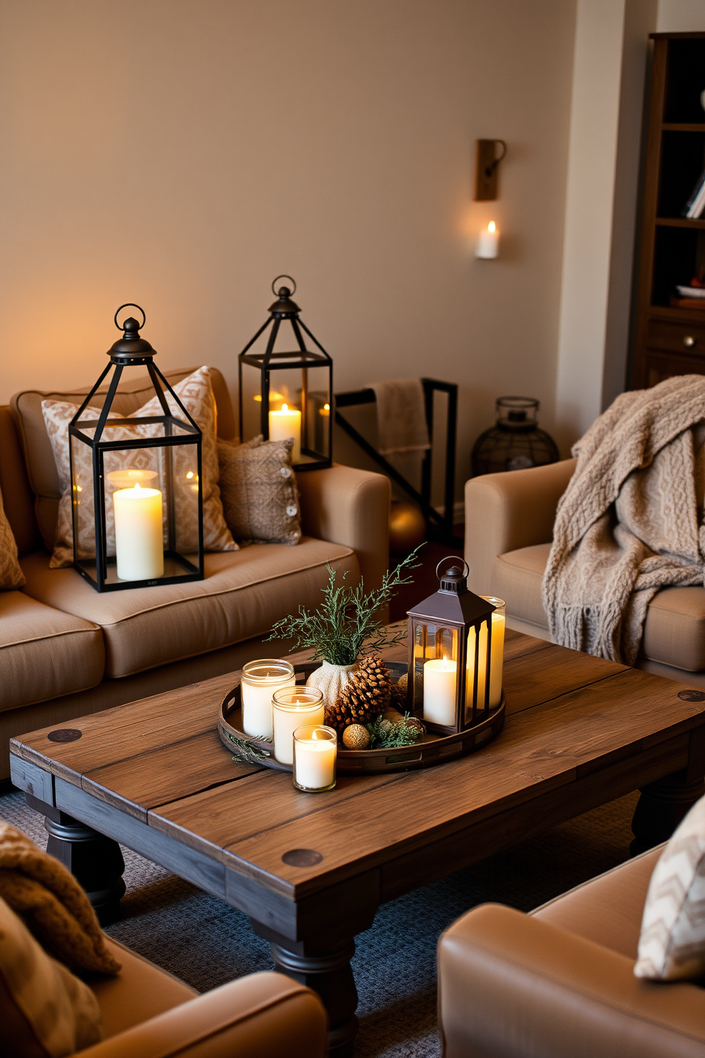 Charming lanterns with flickering candles create a warm and inviting atmosphere in the living room. Plush seating is arranged around a rustic coffee table, adorned with seasonal decor and cozy throw blankets.