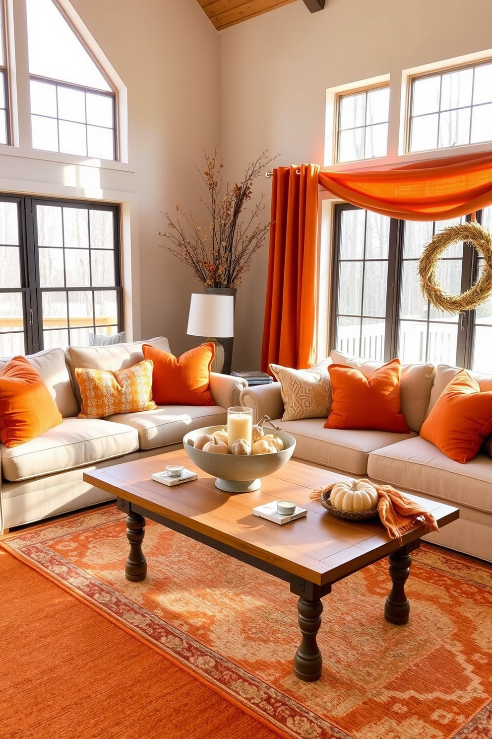 A cozy fall living room featuring a neutral color palette accented with vibrant pops of orange. The space includes a plush beige sofa adorned with orange throw pillows, complemented by a warm-toned area rug that ties the room together. Large windows allow natural light to flood the room, highlighting the autumn-inspired decor. A wooden coffee table sits at the center, adorned with a decorative bowl filled with seasonal gourds and candles.