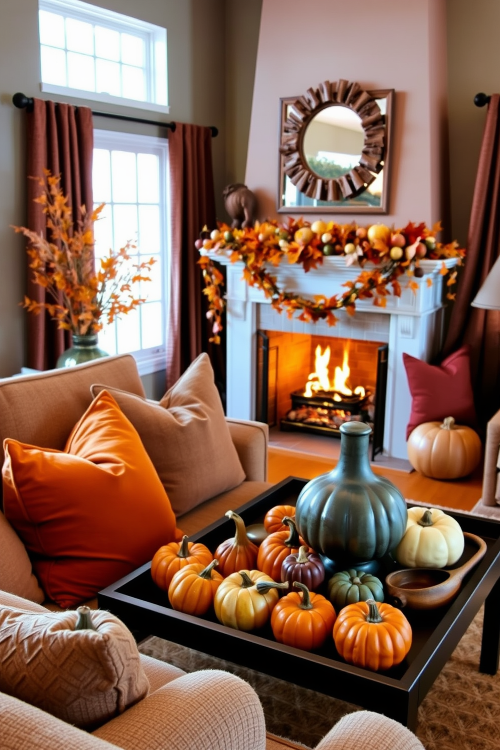 A cozy living room adorned with warm lighting from stylish table lamps. The space features a plush sofa in earthy tones, complemented by a collection of textured throw pillows and a soft knitted blanket draped over the arm.