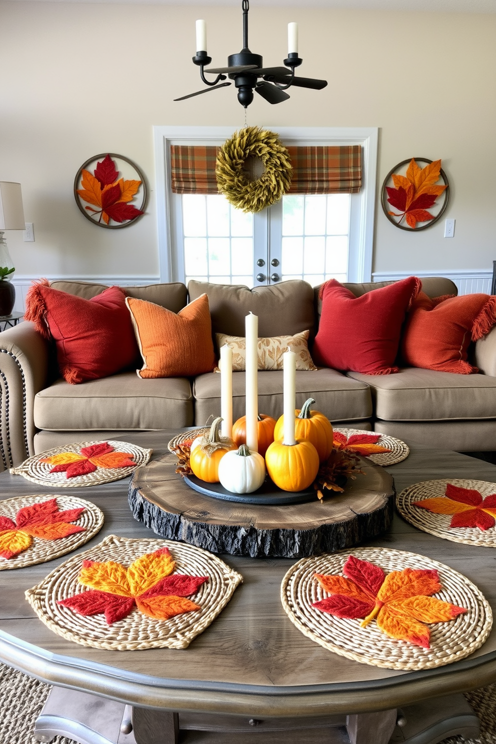 A cozy fall living room adorned with seasonal coasters and placemats. The coasters feature intricate leaf designs in warm hues of orange, red, and yellow, while the placemats are woven with natural fibers, adding texture to the dining area. Plush throw pillows in rich autumn colors are scattered across a comfortable sofa. A rustic coffee table holds a centerpiece of mini pumpkins and candles, creating an inviting atmosphere perfect for gatherings.