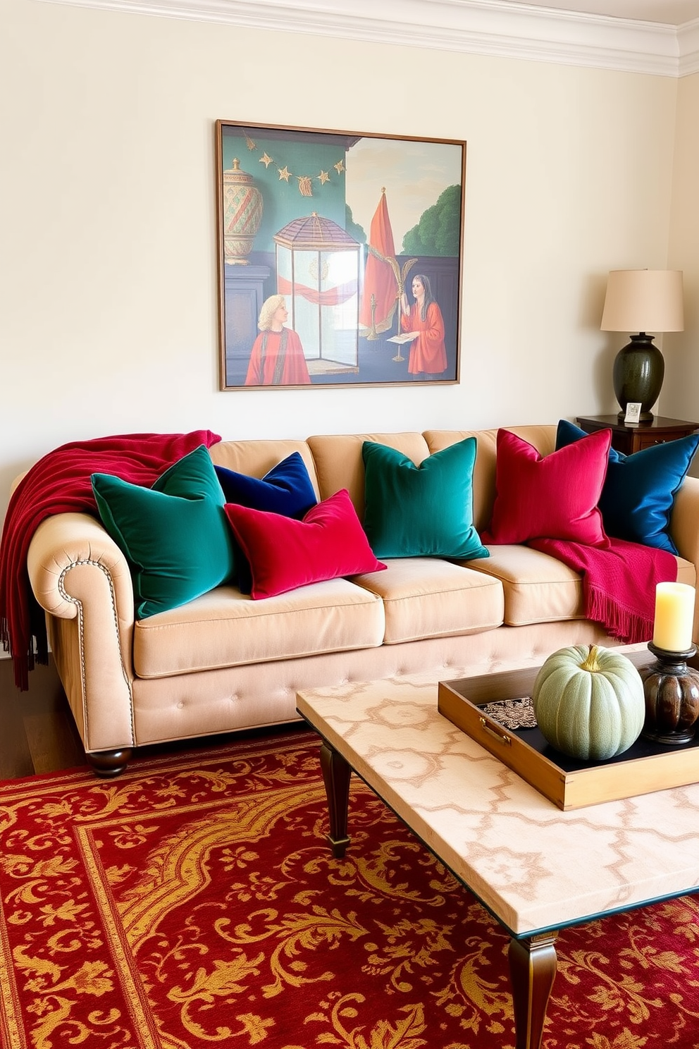 A cozy living room adorned with rich jewel tones that create a warm and inviting atmosphere. Plush velvet cushions in deep emerald and royal blue are arranged on a luxurious sofa, complemented by a ruby red throw blanket draped over the armrest. The walls are painted in a soft cream, providing a perfect backdrop for the vibrant accents. A large area rug featuring intricate patterns in gold and jewel tones anchors the space, while a stylish coffee table showcases seasonal decor with pumpkins and candles.