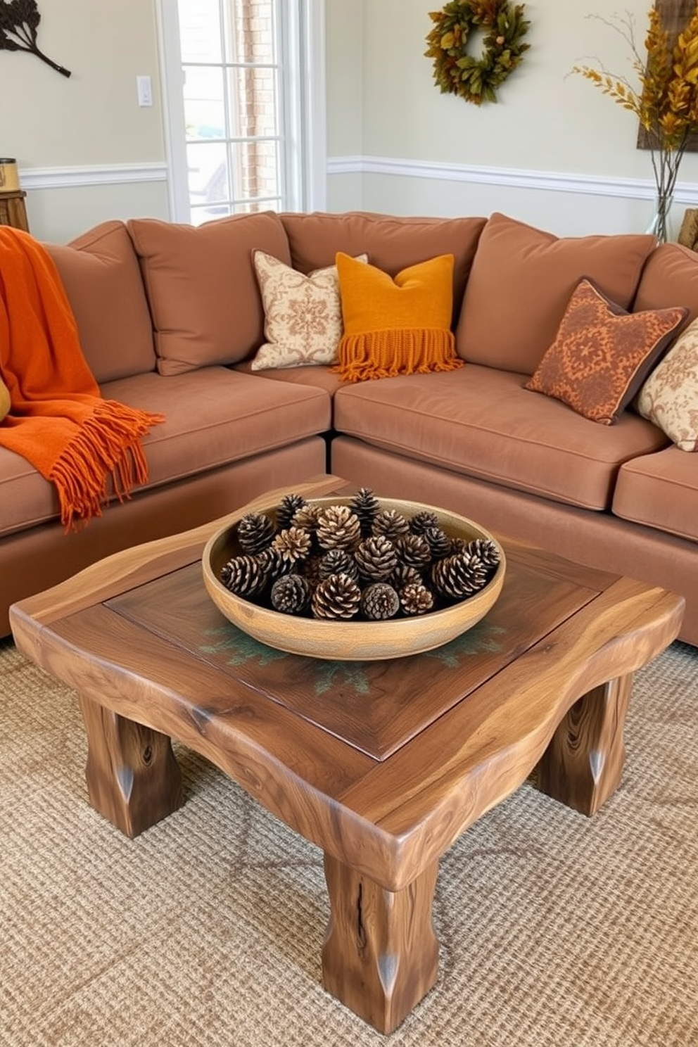 A cozy fall living room adorned with natural elements. The centerpiece is a rustic wooden coffee table surrounded by a plush sectional sofa in warm earth tones. Pinecones are artfully arranged in a decorative bowl on the table. Soft throw blankets in shades of orange and mustard drape over the sofa, enhancing the seasonal ambiance.