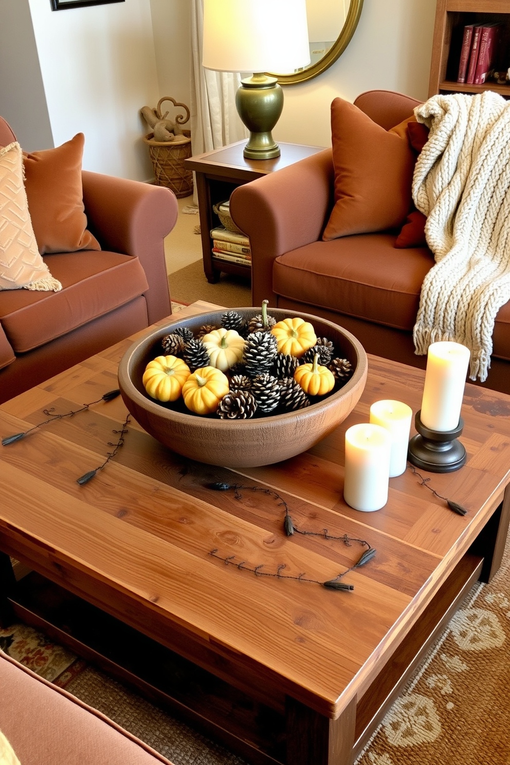 A rustic wooden coffee table serves as the centerpiece of a cozy fall living room. Surrounding the table are plush, oversized sofas adorned with warm, earthy-toned cushions and a soft knitted throw. On the table, a large, decorative bowl filled with seasonal gourds and pinecones adds a touch of autumn charm. Candles of varying heights are scattered around the bowl, casting a warm, inviting glow in the softly lit space.