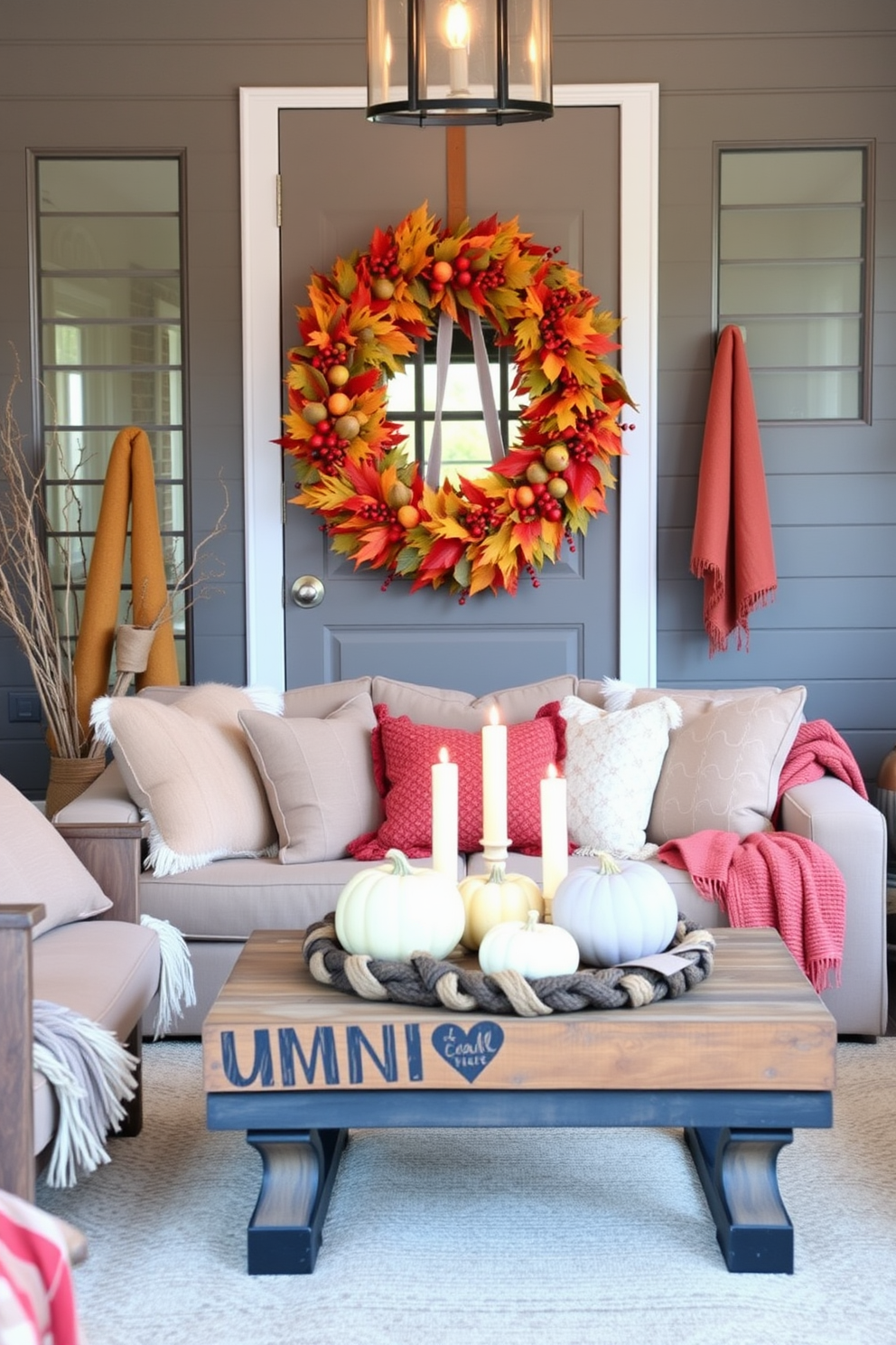 A vibrant seasonal wreath adorned with autumn leaves and berries is hung on the front door, welcoming guests with a touch of fall charm. The living room is decorated with cozy throw blankets in warm hues, complemented by plush cushions and a rustic coffee table featuring a centerpiece of pumpkins and candles.