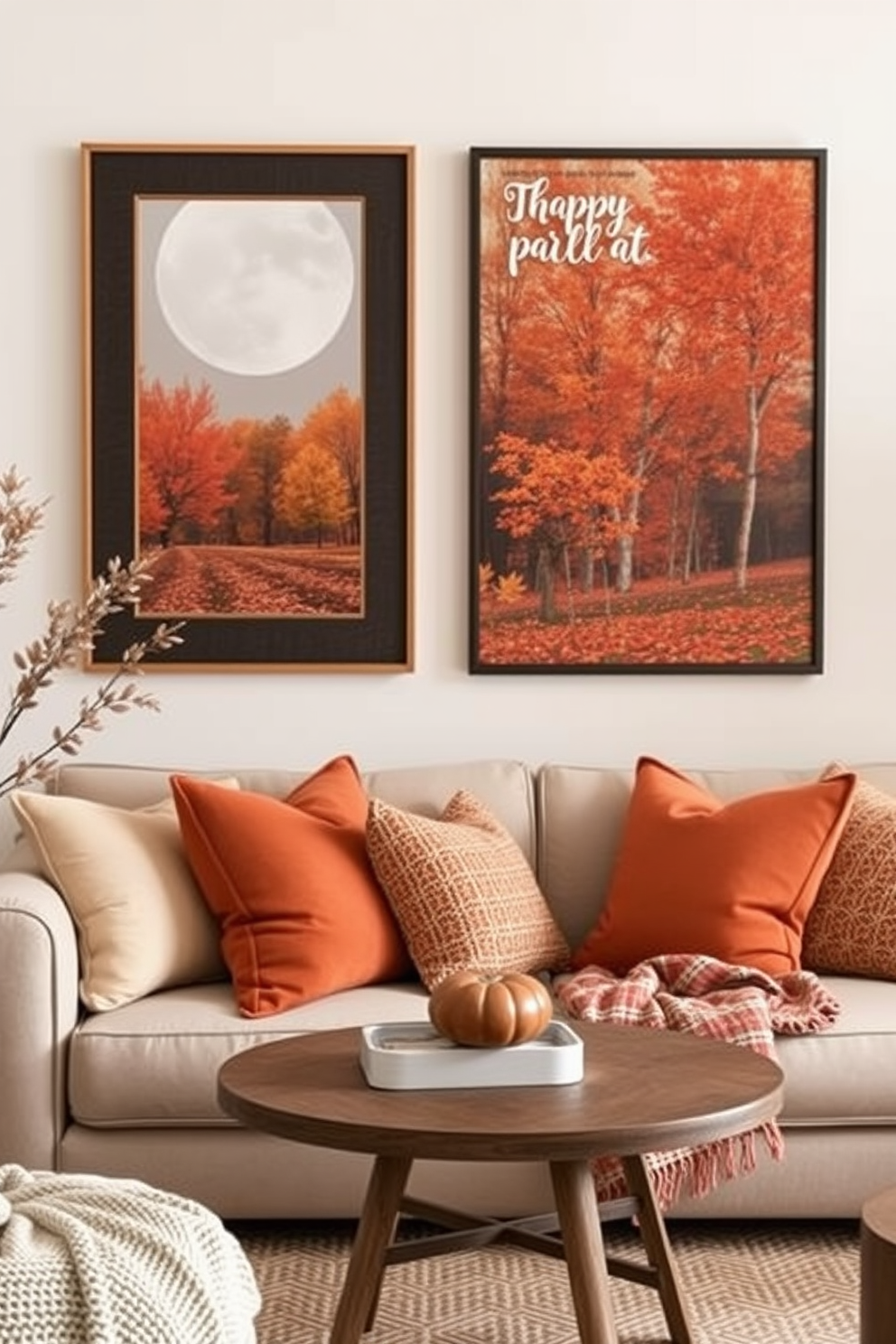 A cozy fall living room filled with candles in warm autumn scents. Plush throw blankets in deep orange and mustard yellow are draped over a comfortable sofa, creating an inviting atmosphere.