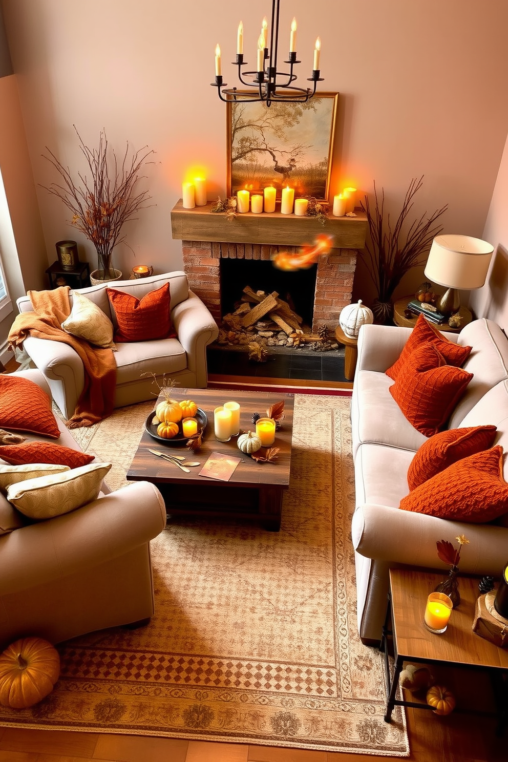 A cozy fall living room adorned with natural wood accents that bring warmth to the space. The focal point is a large wooden coffee table surrounded by plush, earth-toned sofas and a soft area rug that complements the autumn theme.