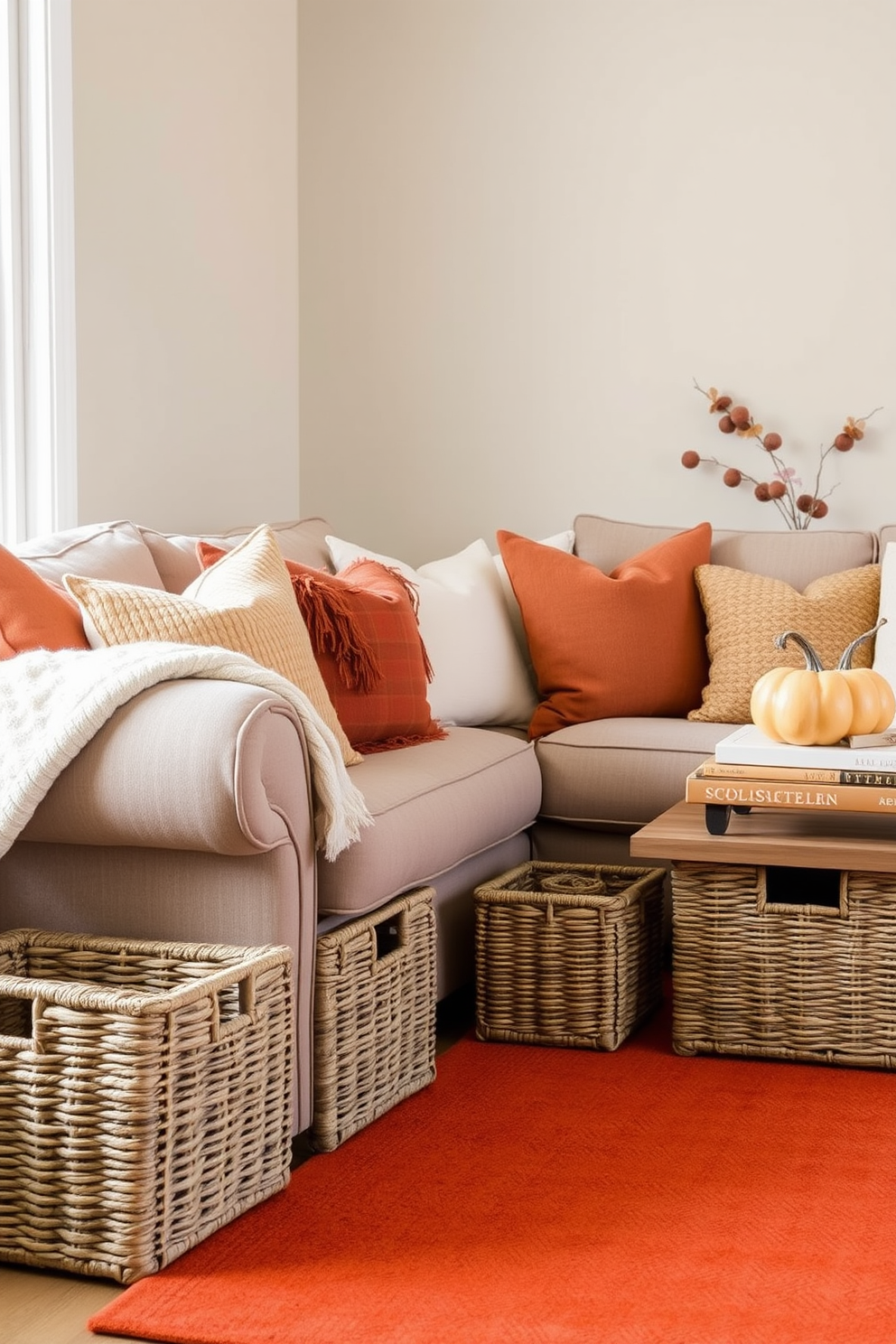 A cozy fall living room setting with textured woven baskets for storage. The room features a plush, oversized sofa adorned with warm, earthy-toned cushions and a soft throw blanket draped over the armrest. In the corner, a decorative wooden side table holds a stack of autumn-themed books and a pumpkin centerpiece. The walls are painted in a soft beige, complemented by a rich, deep orange area rug that ties the space together.