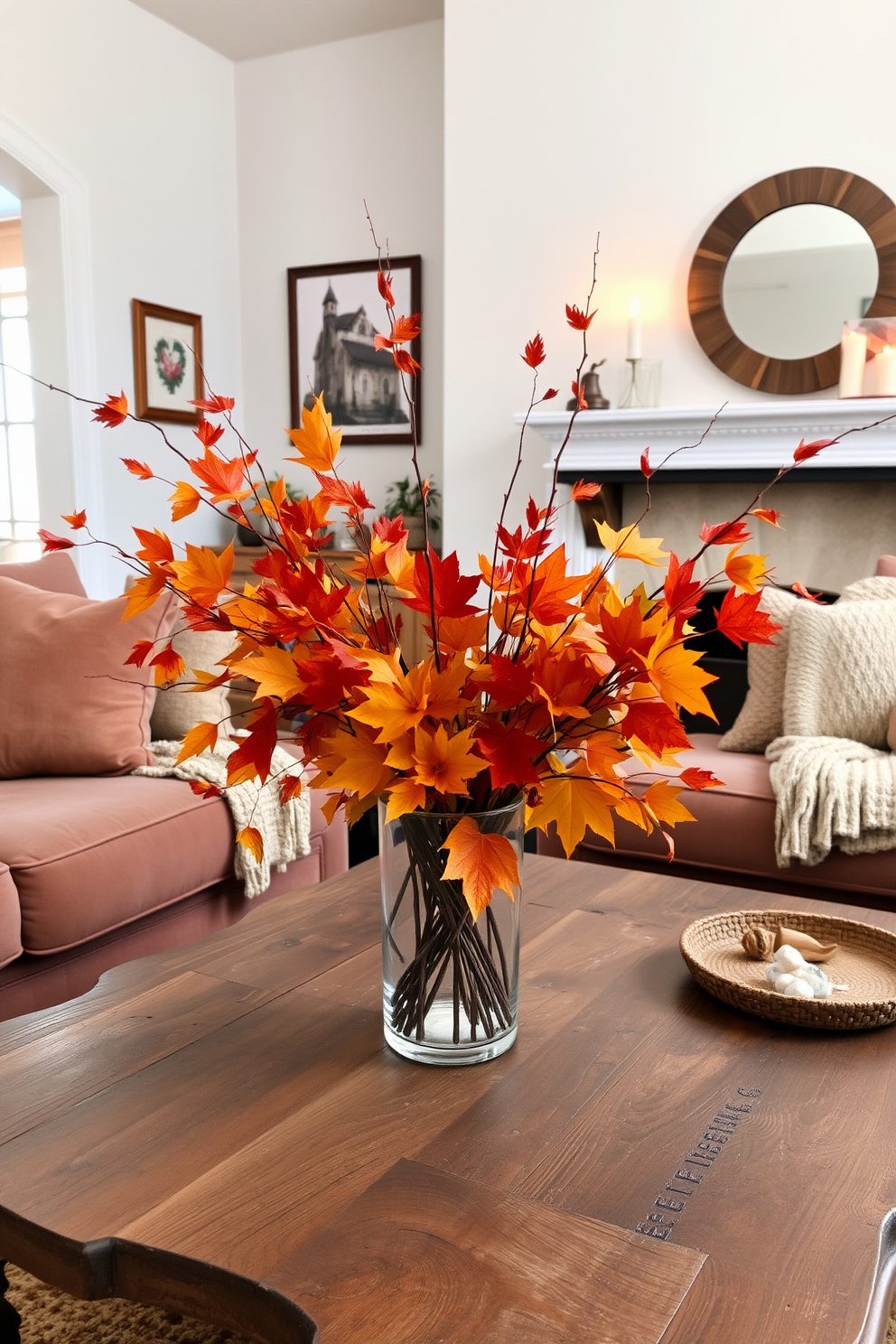 A cozy living room adorned with fall foliage in a clear glass vase. The warm hues of orange, red, and yellow leaves create a vibrant centerpiece on a rustic wooden coffee table. Soft, plush seating in earthy tones invites relaxation, complemented by a knitted throw draped over the arm of a sofa. A flickering candle on the mantelpiece adds a touch of warmth, enhancing the autumn ambiance.