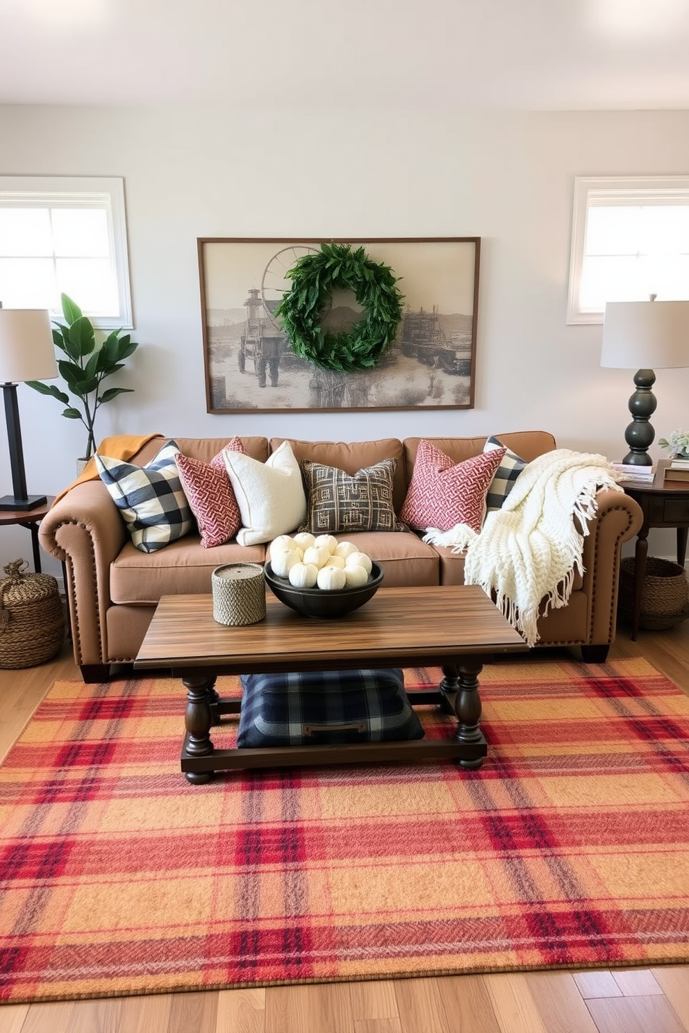 A cozy fall living room adorned with plaid patterned area rugs that add warmth and texture to the space. The room features a plush sofa in earthy tones, complemented by a mix of decorative pillows and a chunky knit throw.