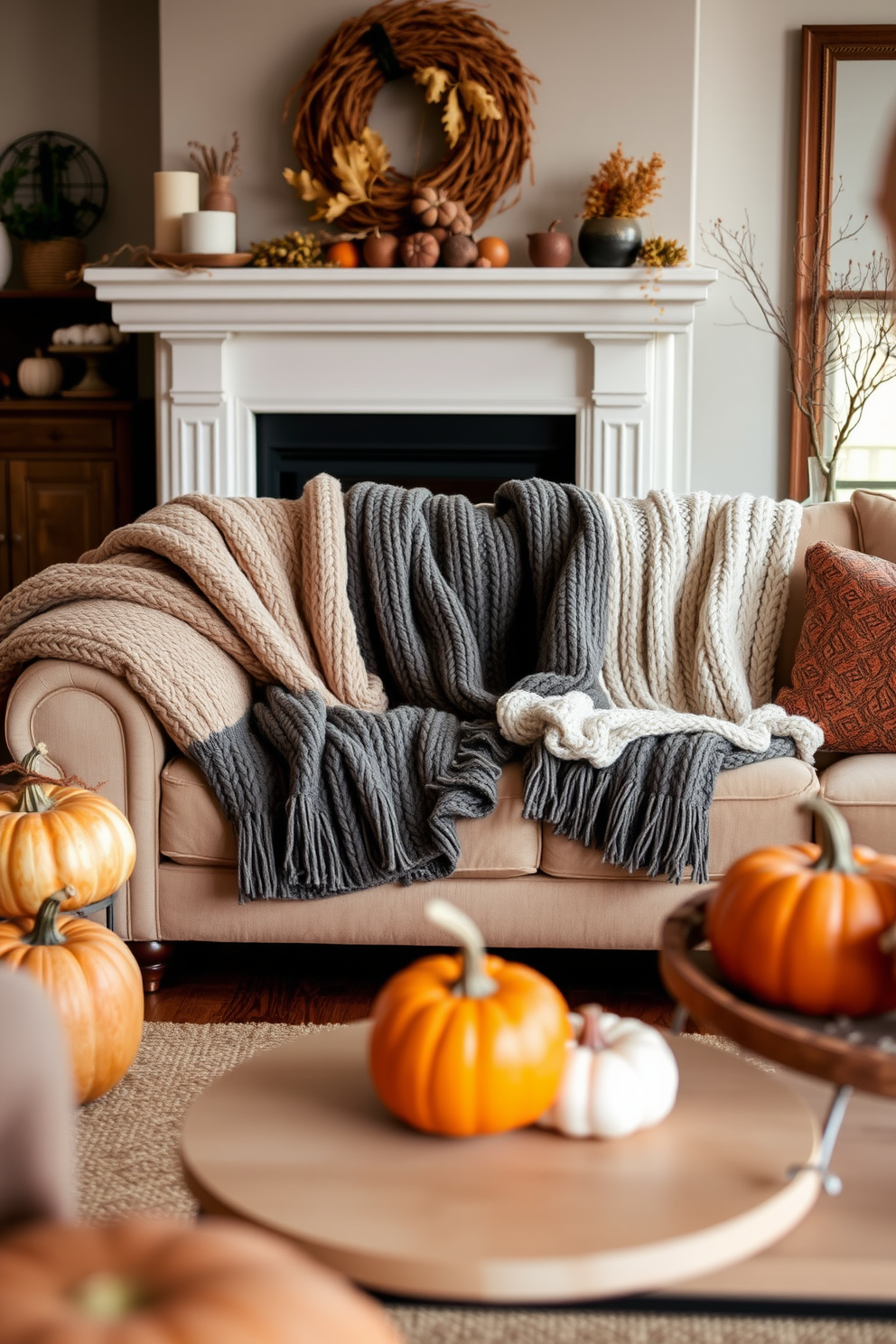 A warm and inviting living room adorned with cozy knit blankets draped over a plush sofa. The space features autumn-themed decor, including pumpkins and rustic accents, creating a perfect fall atmosphere.