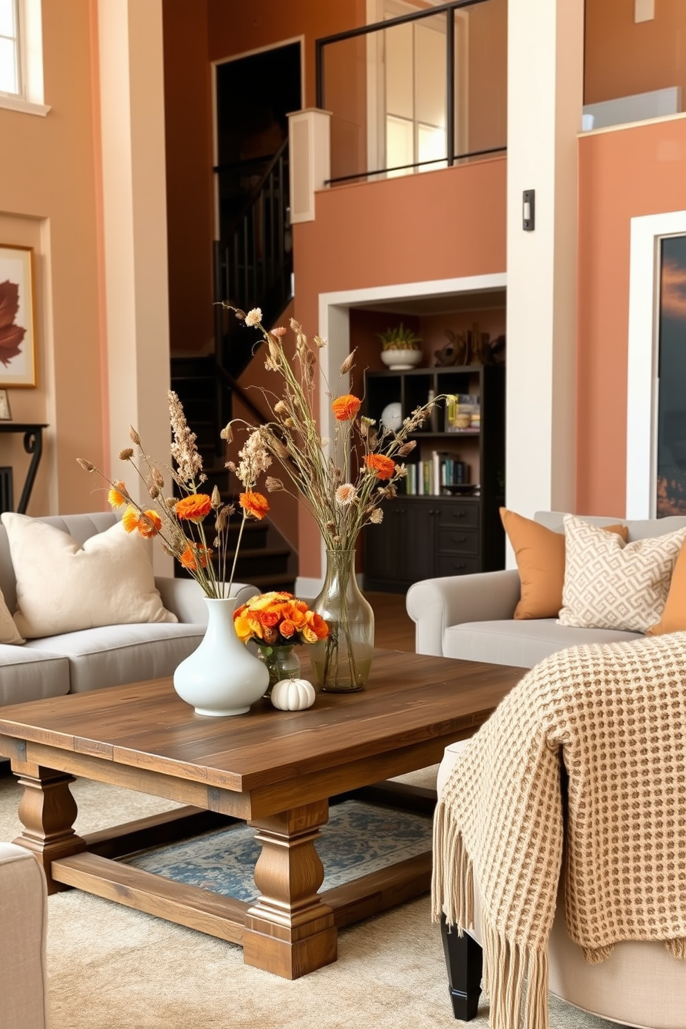 A cozy loft living room adorned with warm autumn colors. Dried flowers in elegant vases are strategically placed on a rustic wooden coffee table surrounded by plush seating. The walls are painted in soft earth tones, creating a welcoming atmosphere. A knitted throw blanket drapes over a chair, complementing the seasonal decor and enhancing the fall vibe.