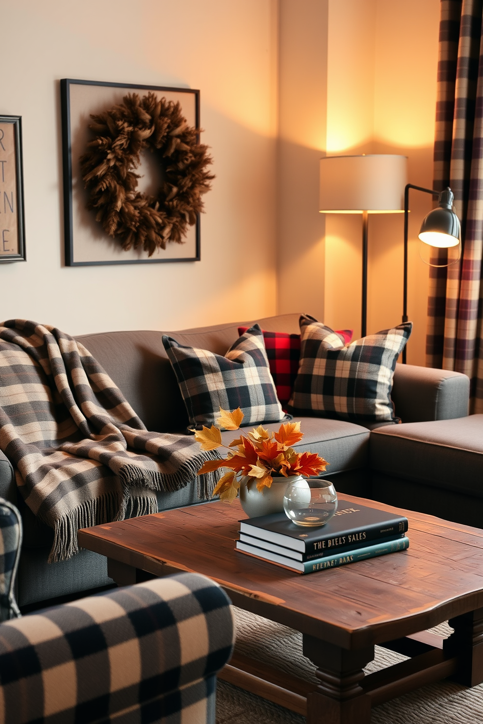 A cozy living room adorned with plaid patterned textiles. The sofa is draped with a soft plaid throw blanket, and decorative pillows in various plaid designs add visual interest. In the corner, a rustic wooden coffee table holds a stack of books and a seasonal centerpiece featuring autumn leaves. Warm lighting from a stylish floor lamp enhances the inviting atmosphere, perfect for fall loft decorating.