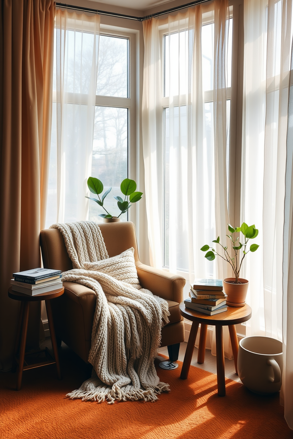 A cozy loft space adorned with natural elements such as pinecones and acorns. The decor features a rustic wooden coffee table surrounded by plush seating, with a warm color palette that invites relaxation. The walls are decorated with framed nature-inspired artwork, and a woven basket filled with pinecones sits in the corner. Soft throw blankets and cushions in earthy tones enhance the inviting atmosphere of the loft.