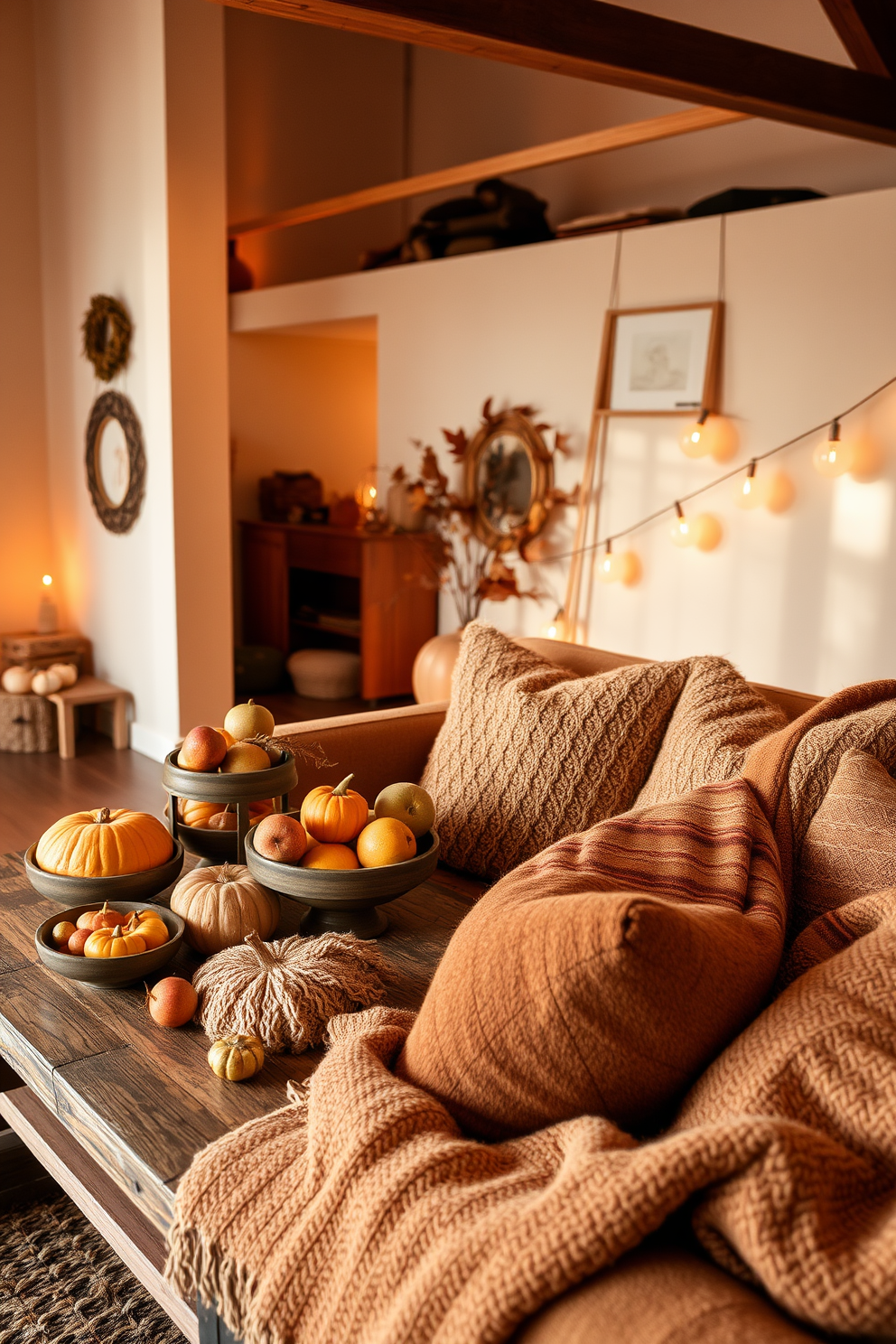 A cozy loft space adorned with warm autumn colors. A collection of bowls filled with seasonal fruits like apples, pears, and pumpkins is arranged on a rustic wooden table. Soft, ambient lighting casts a warm glow over the room, enhancing the inviting atmosphere. Plush throw blankets and decorative pillows in earthy tones are scattered across a comfortable sofa, creating a perfect spot for relaxation.