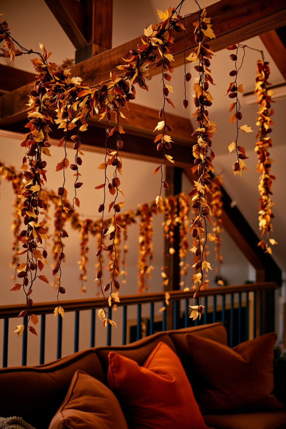 A cozy loft space adorned with hanging garlands of leaves and acorns creates a warm autumn atmosphere. The garlands drape elegantly from wooden beams, complementing the rustic charm of the loft's design. Soft, ambient lighting enhances the natural beauty of the decor while highlighting the rich textures of the furnishings. Plush seating with warm-toned throw pillows invites relaxation and conversation in this inviting fall setting.