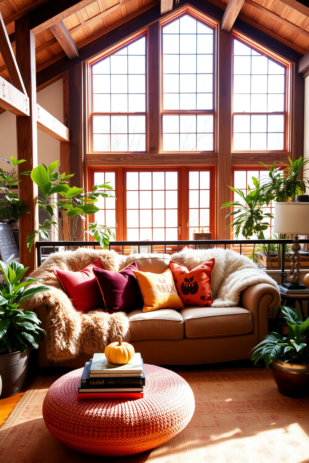 A warm and inviting loft space adorned with rustic wooden beams and large windows that let in natural light. A plush sofa is draped with a cozy faux fur throw, complemented by an assortment of autumn-themed pillows in rich hues of orange and burgundy. The coffee table is styled with a stack of books and a small pumpkin centerpiece for a seasonal touch. Surrounding the area are potted plants that add a vibrant pop of green, enhancing the cozy atmosphere of the fall-inspired loft.