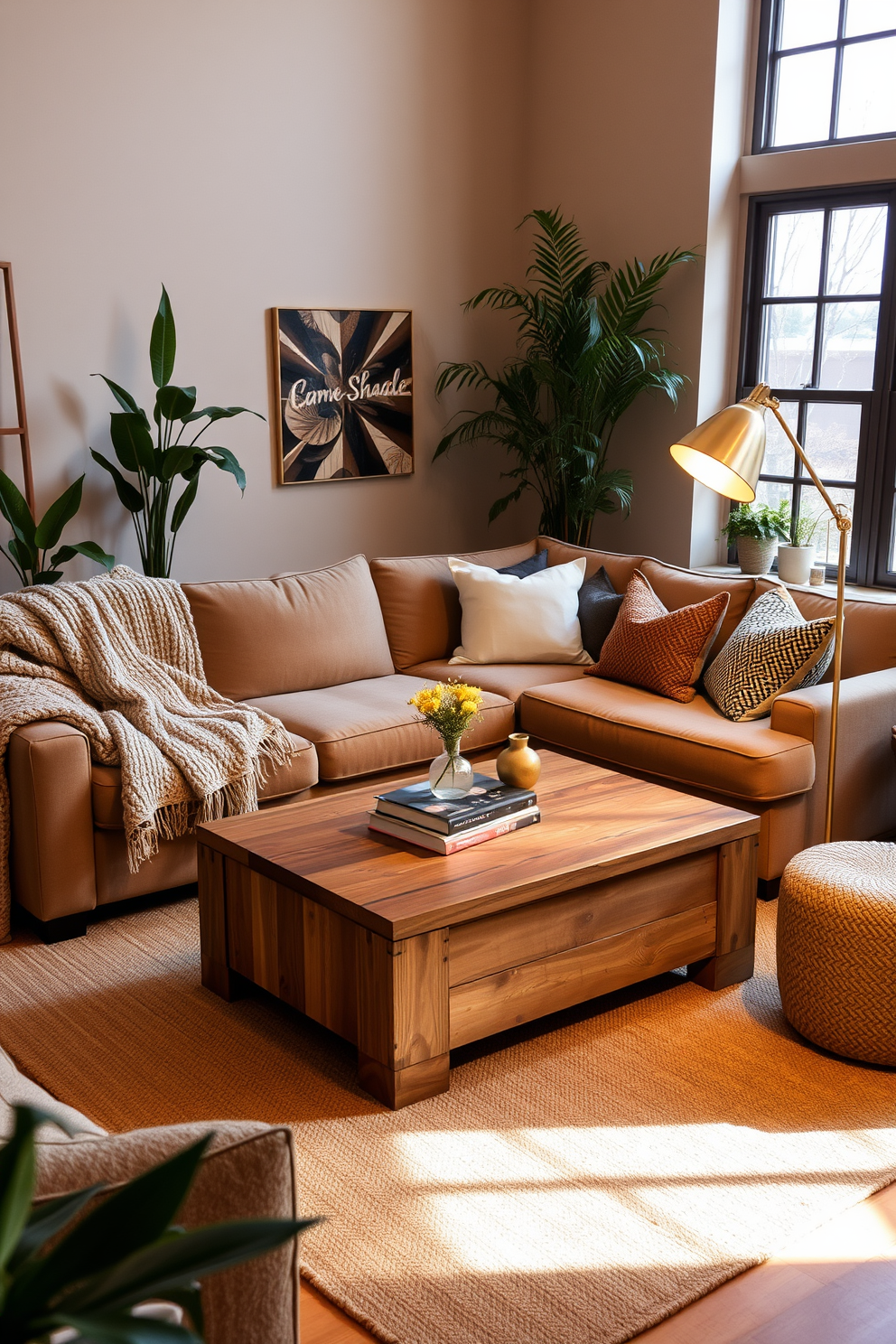 A cozy loft living space adorned with warm metallic accents like gold. The room features a plush sectional sofa draped with textured throw blankets and a mix of patterned cushions. A rustic wooden coffee table sits at the center, topped with a collection of coffee table books and a decorative tray. Ambient lighting is provided by a stylish floor lamp with a gold finish, casting a warm glow across the room. The walls are painted in a soft beige, complemented by large windows that allow natural light to flood in. Potted plants are strategically placed to add a touch of greenery and enhance the inviting atmosphere.