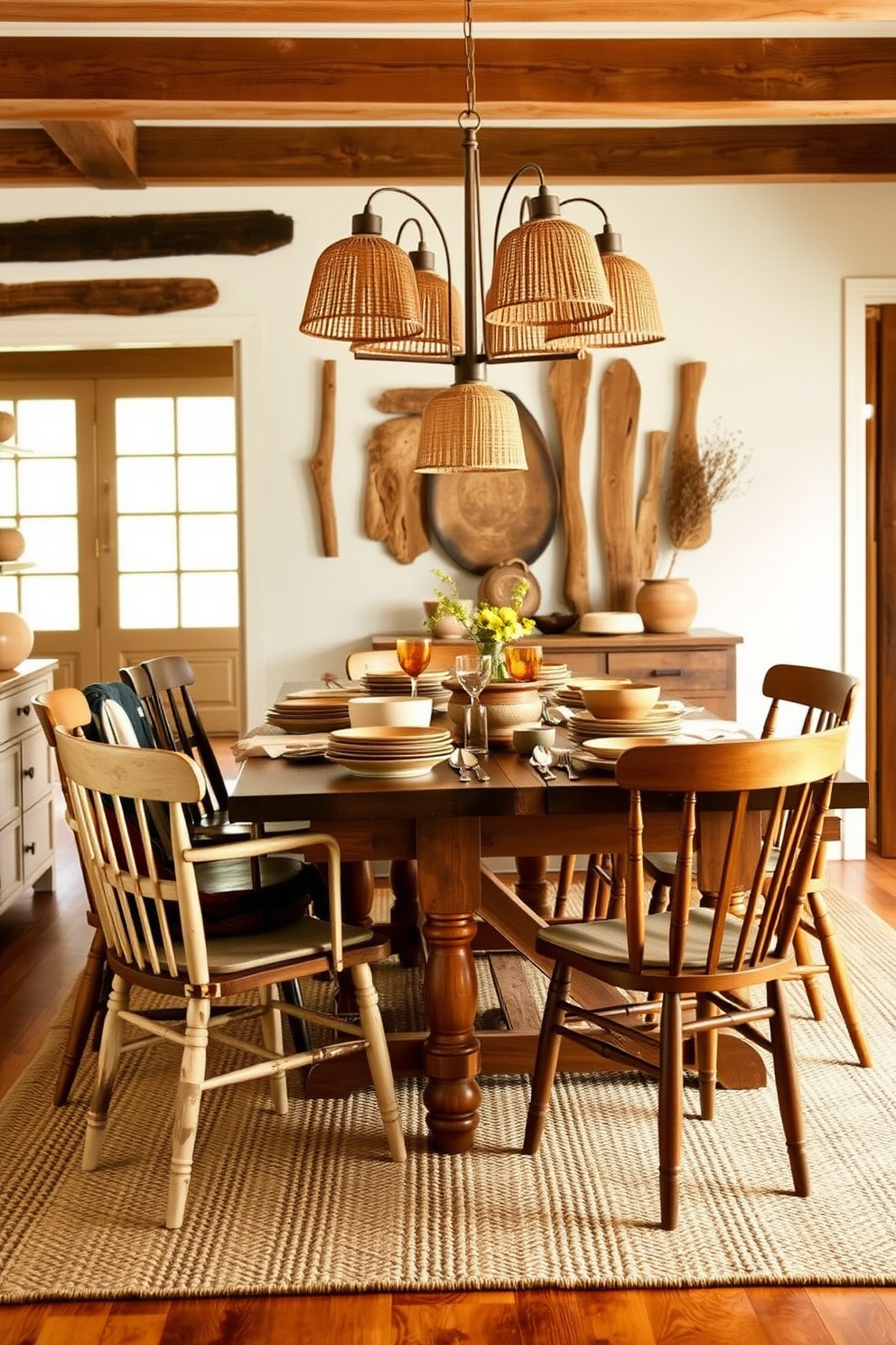 A cozy dining room featuring a rustic wooden table surrounded by mismatched chairs. The table is set with earthy ceramic dishes and bowls in warm tones, complemented by soft linen napkins. Above the table, a cluster of pendant lights with woven shades casts a warm glow. The walls are adorned with natural wood accents, and a woven rug adds texture to the space.