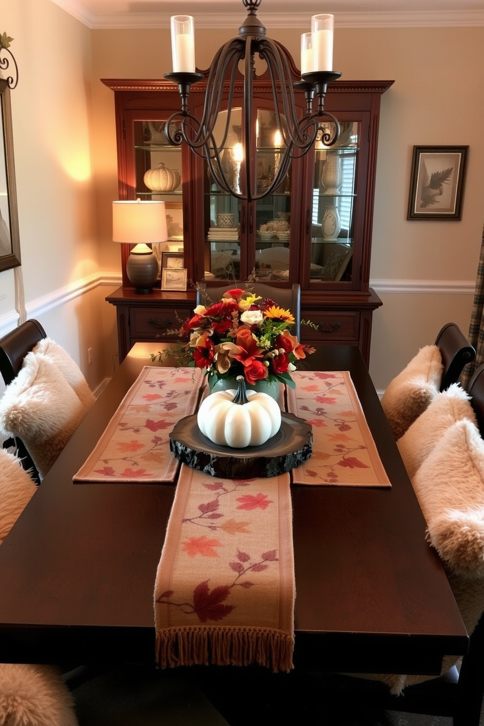 A cozy dining room adorned with autumn-themed table runners. The table is set with rustic wooden accents, featuring a centerpiece of pumpkins and seasonal flowers. Soft, warm lighting illuminates the space, creating an inviting atmosphere. The walls are decorated with fall-inspired artwork, and plush cushions in earthy tones are scattered on the chairs.