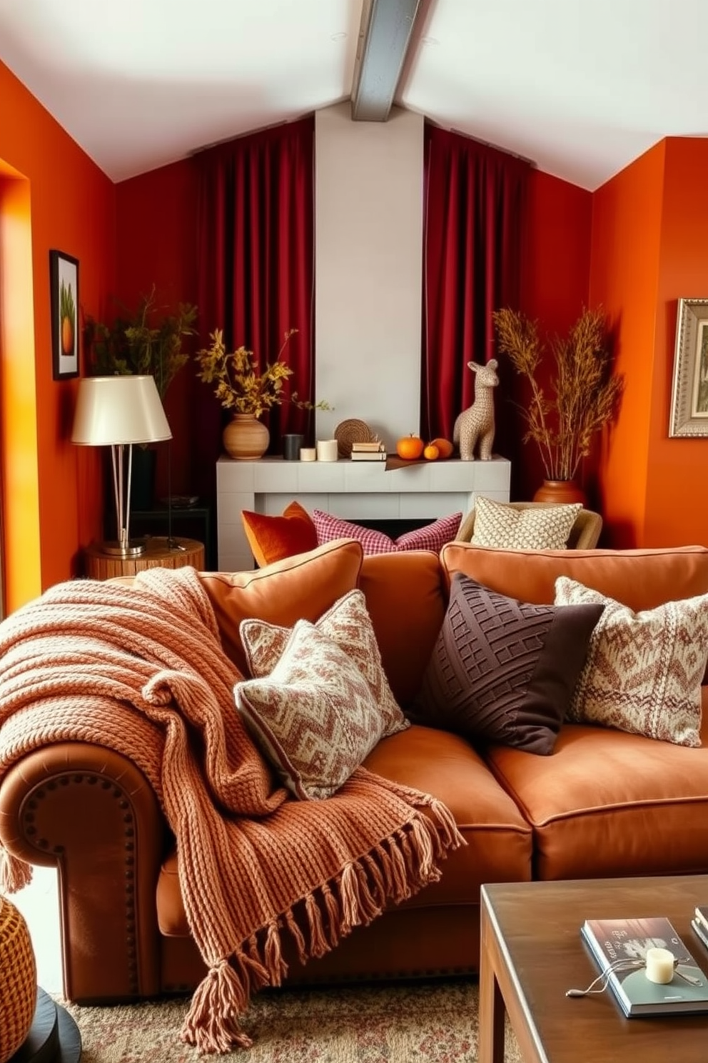 A cozy loft space adorned with warm autumnal colors. Rich oranges, deep reds, and soft browns create a welcoming atmosphere throughout the room. The furniture features a plush, oversized sofa draped with knitted throws. Decorative pillows in various textures enhance the comfort and style of the space.